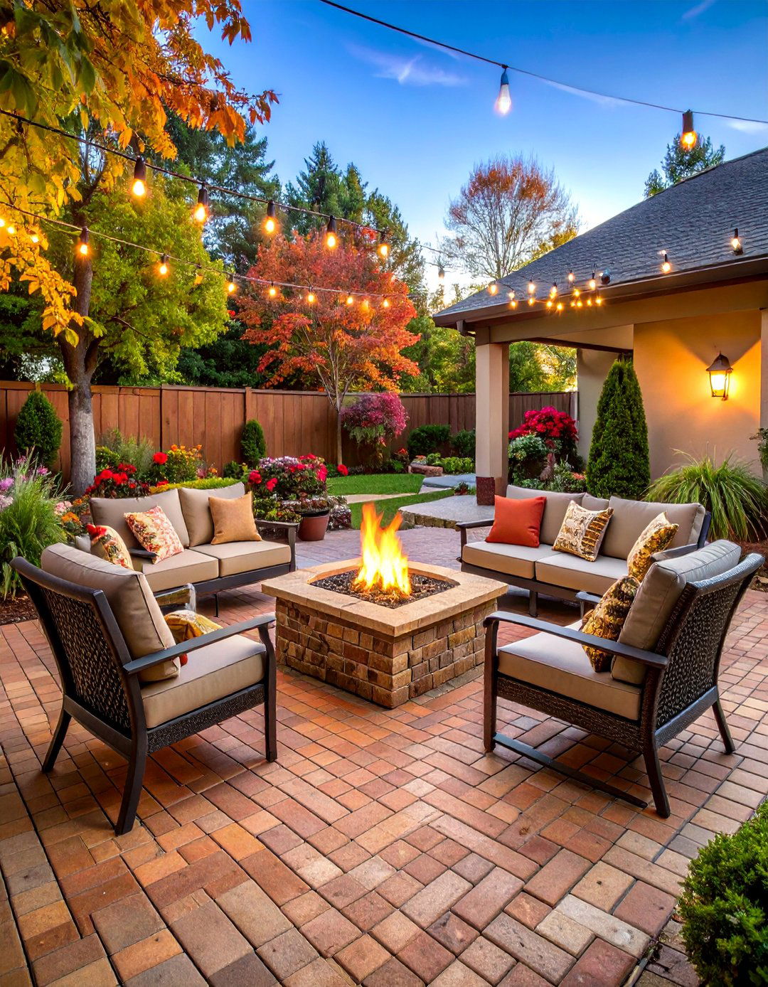 Herringbone Brick Patio with Fire Pit - 25 Brick Landscaping Ideas