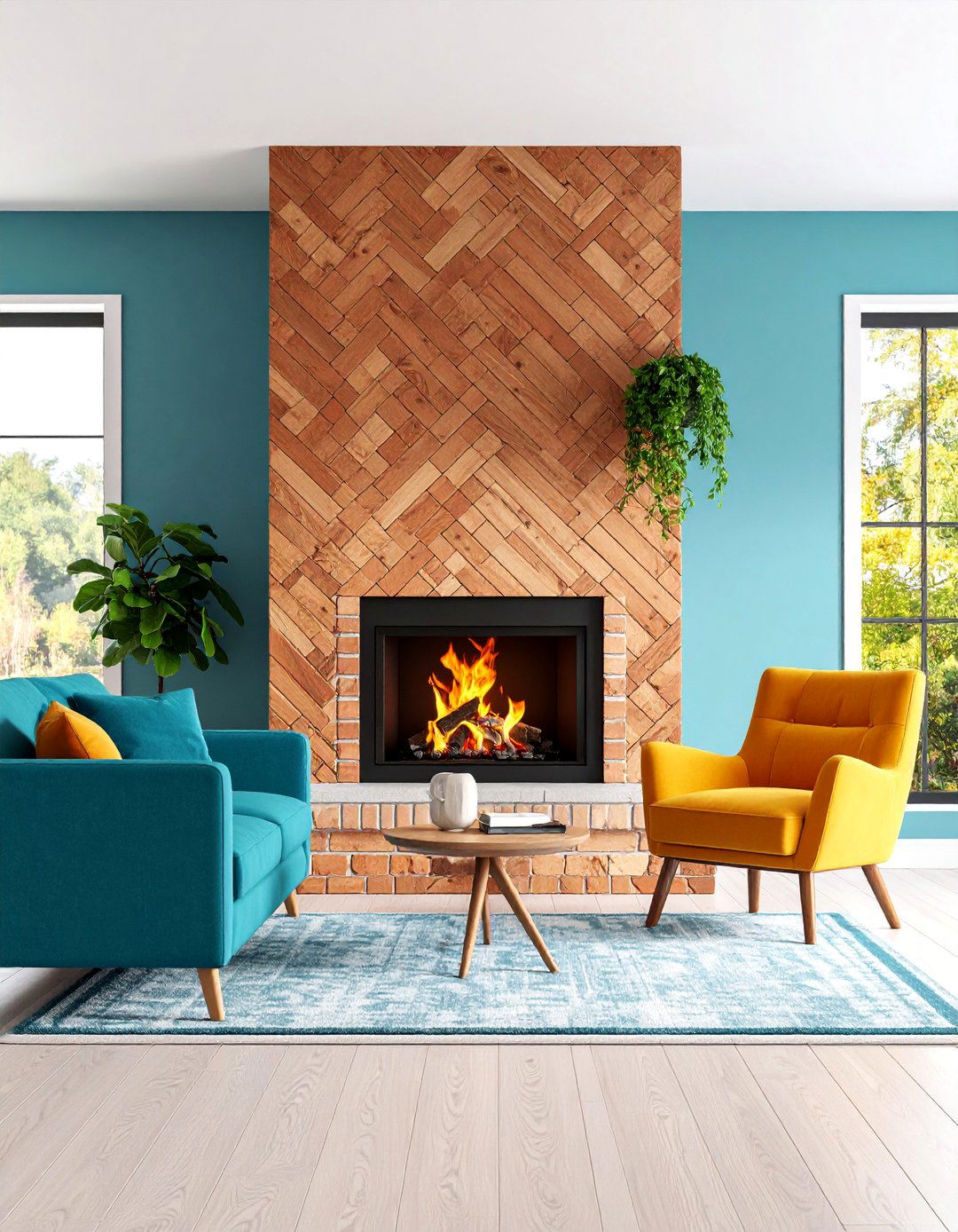 Herringbone Brick Pattern Fireplace with Modern Elements - 25 Rustic Living Room With a Brick Fireplace Ideas