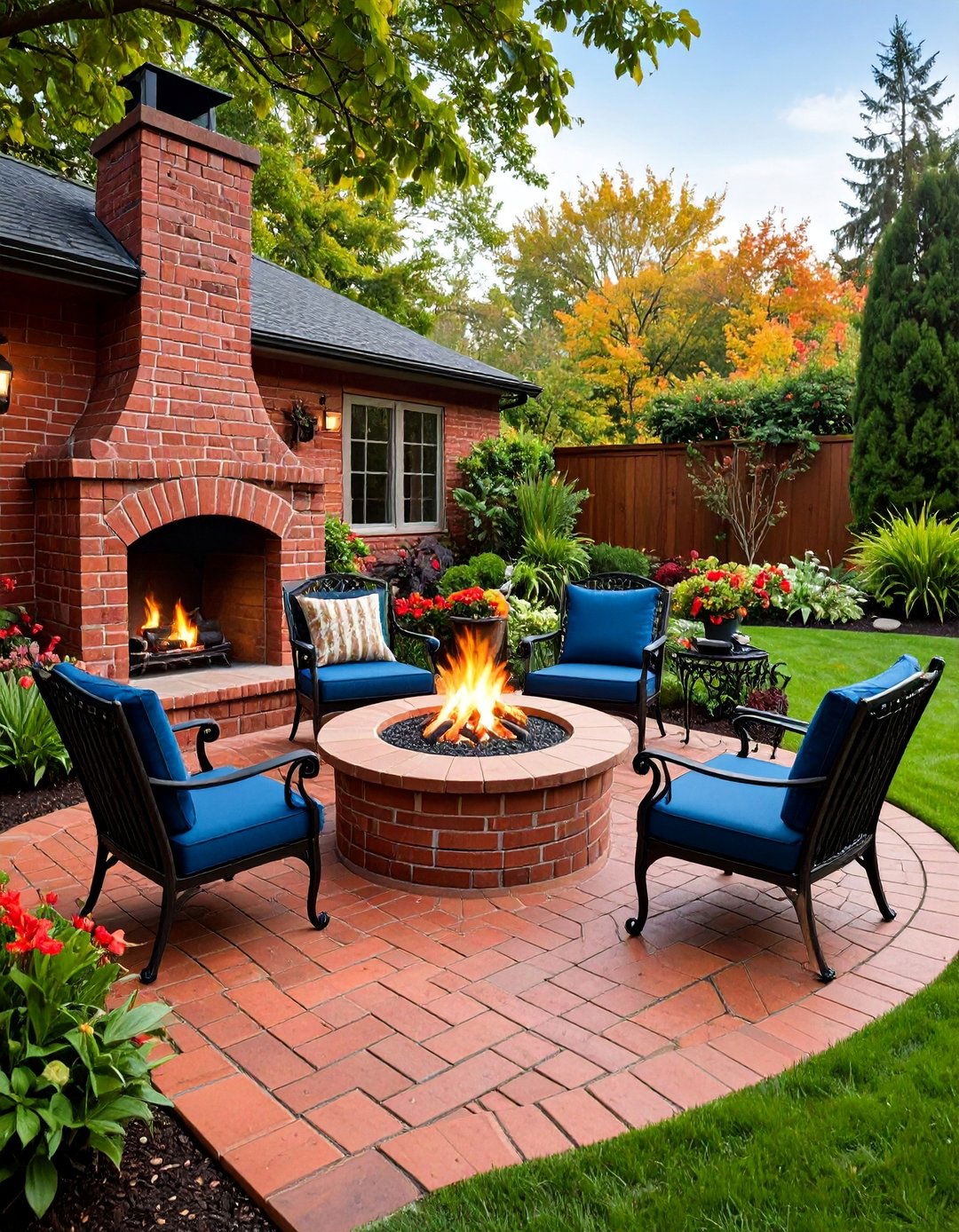 Herringbone Brick Pattern with Corner Fire Pit - 25 stamped concrete patio with fire pit ideas