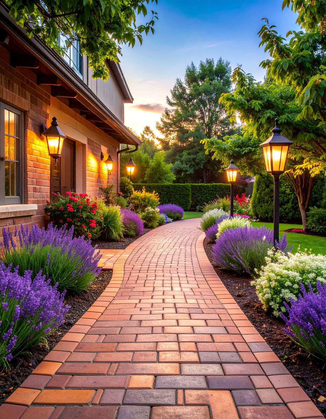 Herringbone Brick Walkway with Lavender Edging - 25 Farmhouse Walkway Ideas
