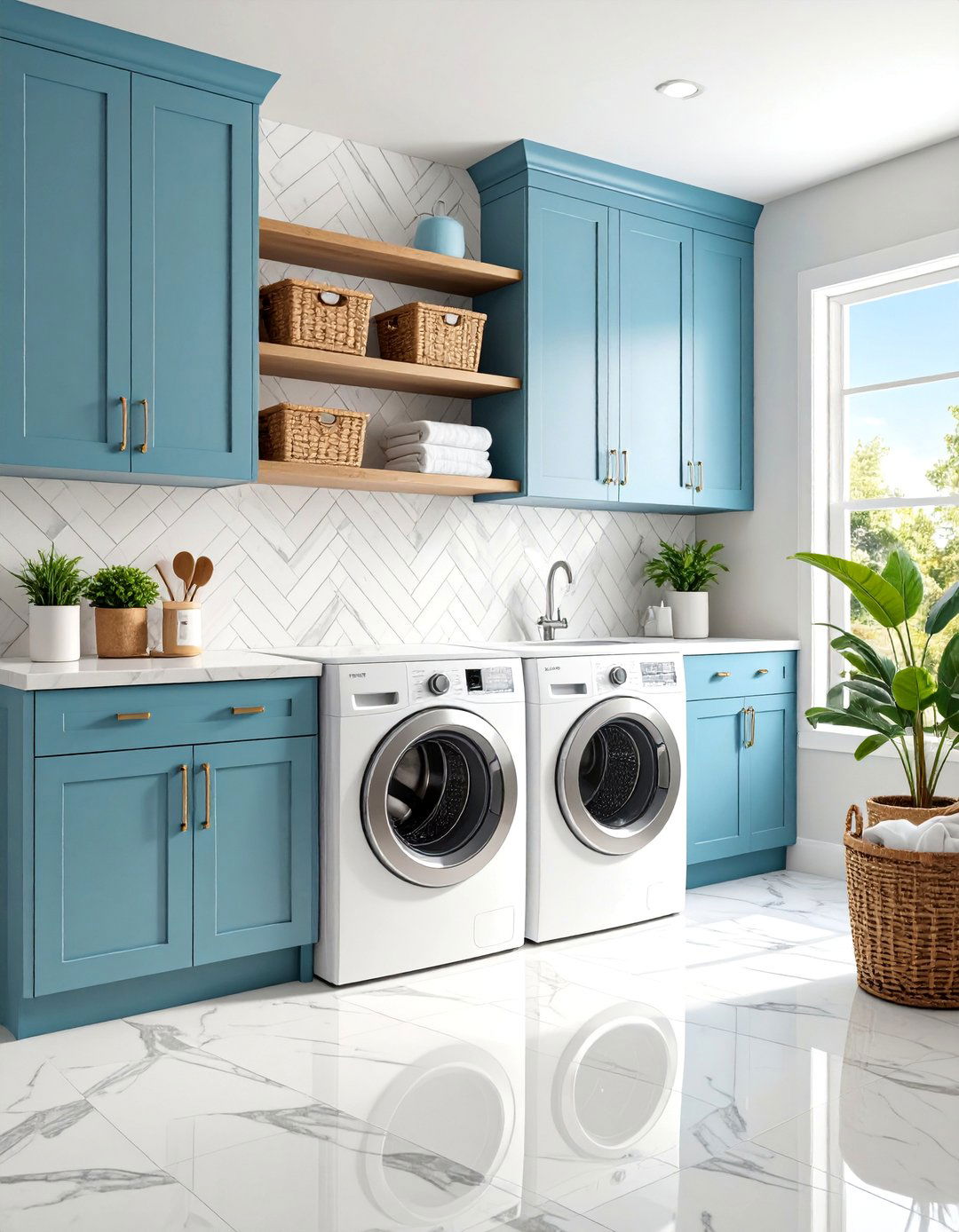 Herringbone Marble Backsplash Elegance - 25 Laundry Room Backsplash Ideas