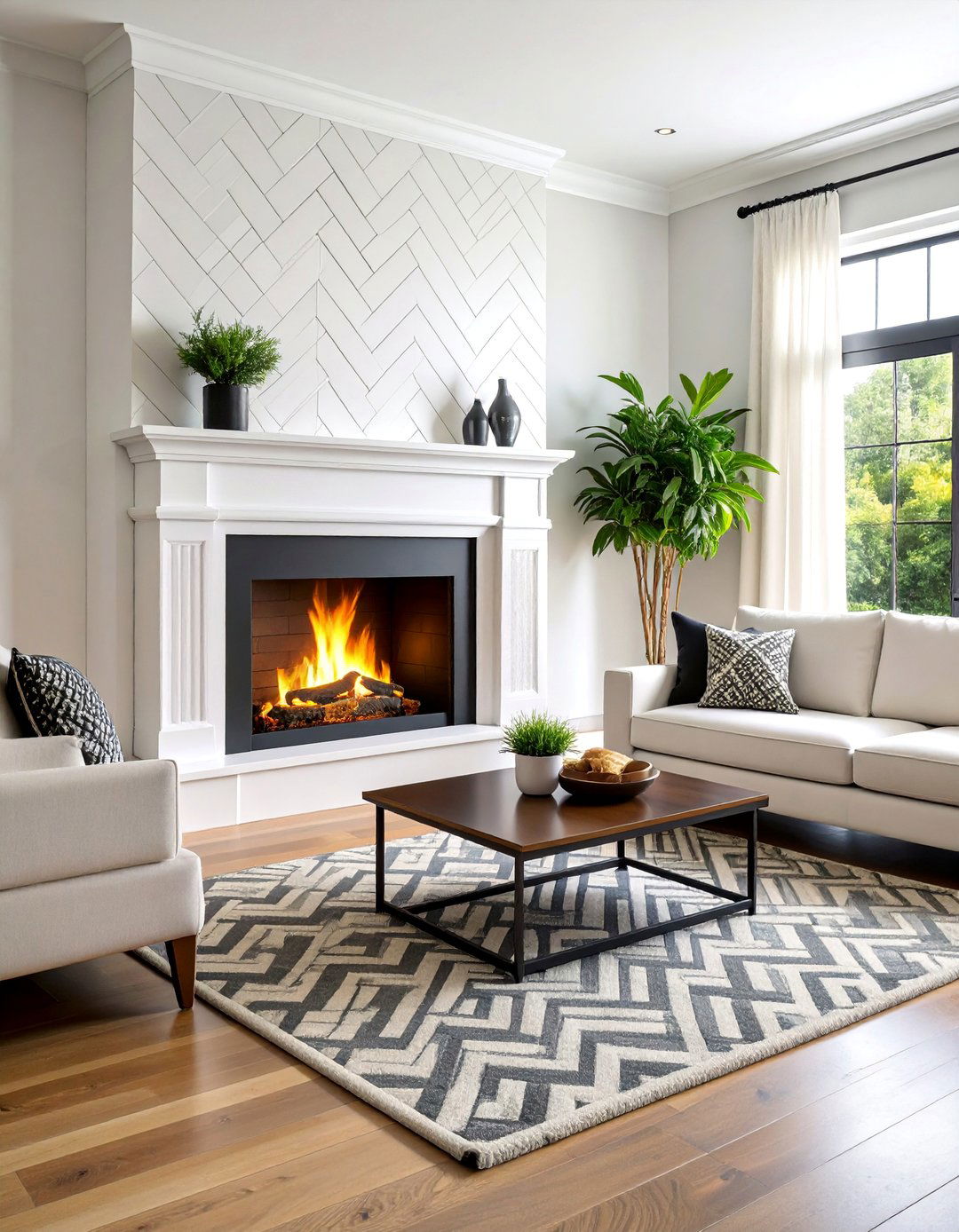 Herringbone Pattern Black and White Tile Surround - 25 Black and White Fireplace Ideas