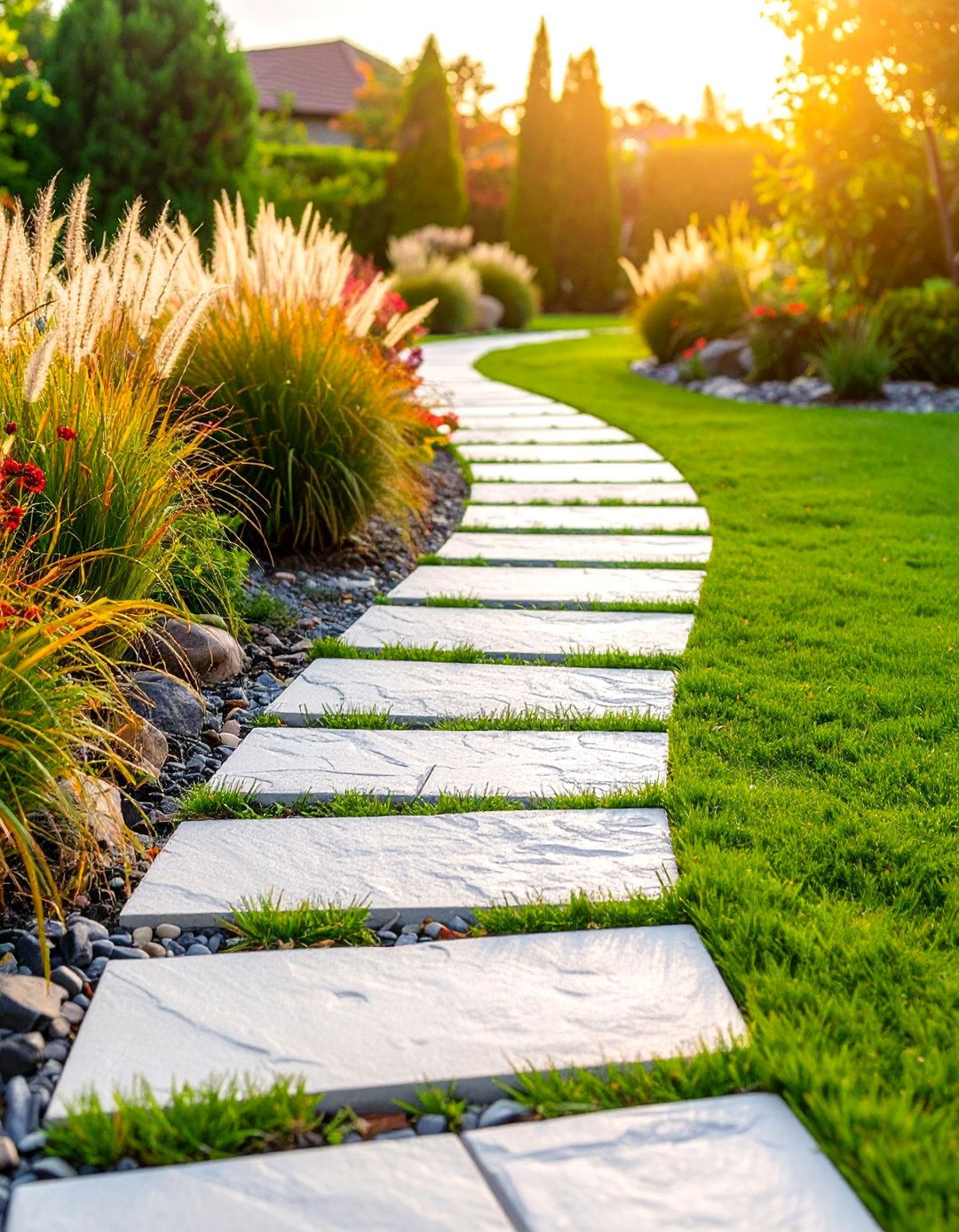 Herringbone Pattern Bluestone Path with Ornamental Grasses - 25 Bluestone Walkway Ideas