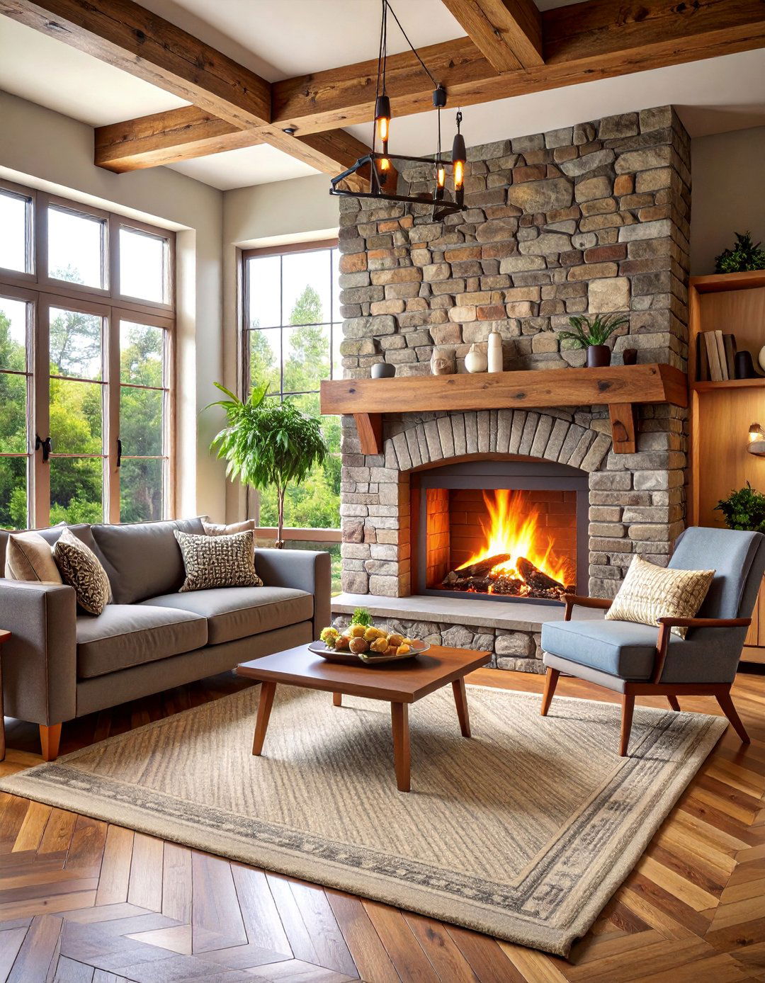 Herringbone Pattern Brick Fireplace with Stone Hearth - 25 Rustic Brick Fireplace Ideas