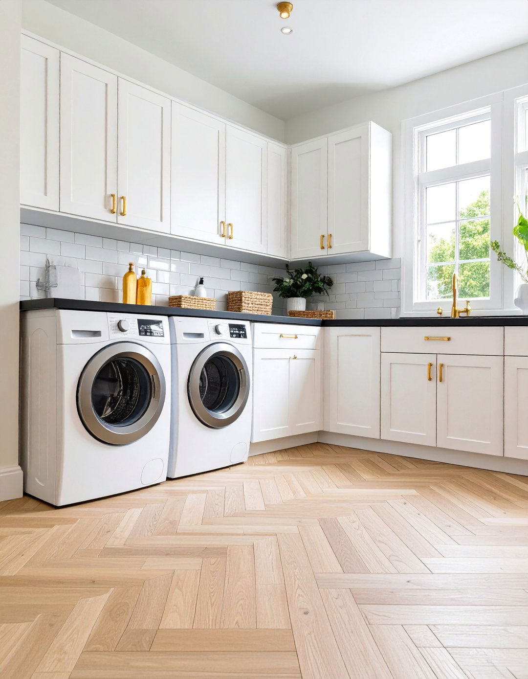 Herringbone Pattern Floor Design - 25 Black and White Laundry Room Ideas