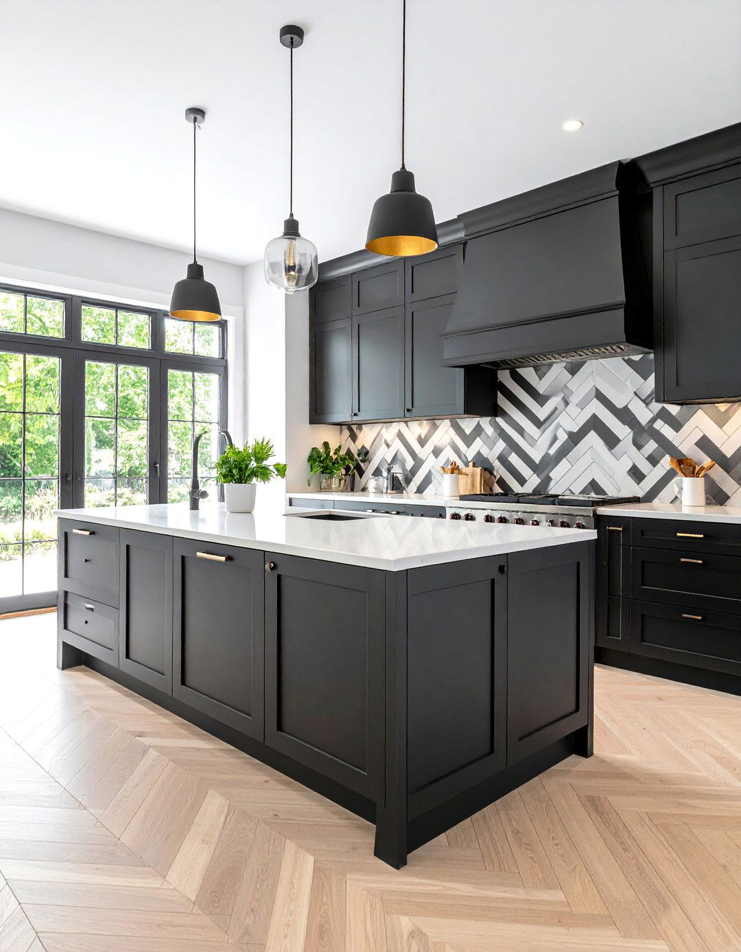 Herringbone Pattern Kitchen Backsplash in Monochrome - 25 Black and White Kitchen Backsplash Ideas