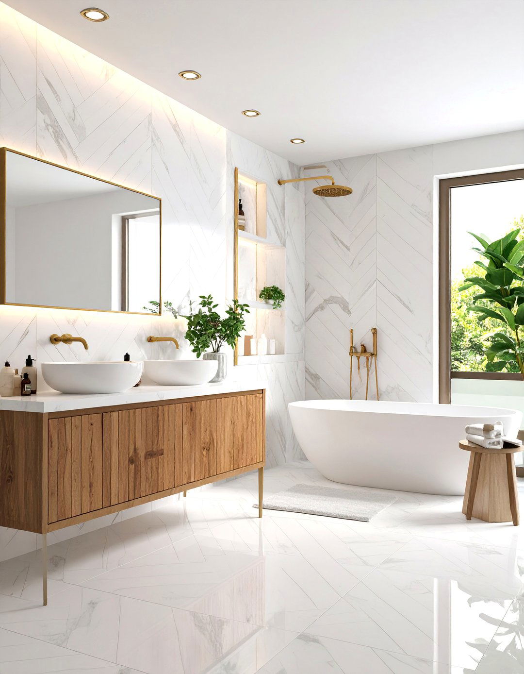 Herringbone Pattern Marble Walk in Shower - 25 Small Bathroom Walk-in Shower Ideas