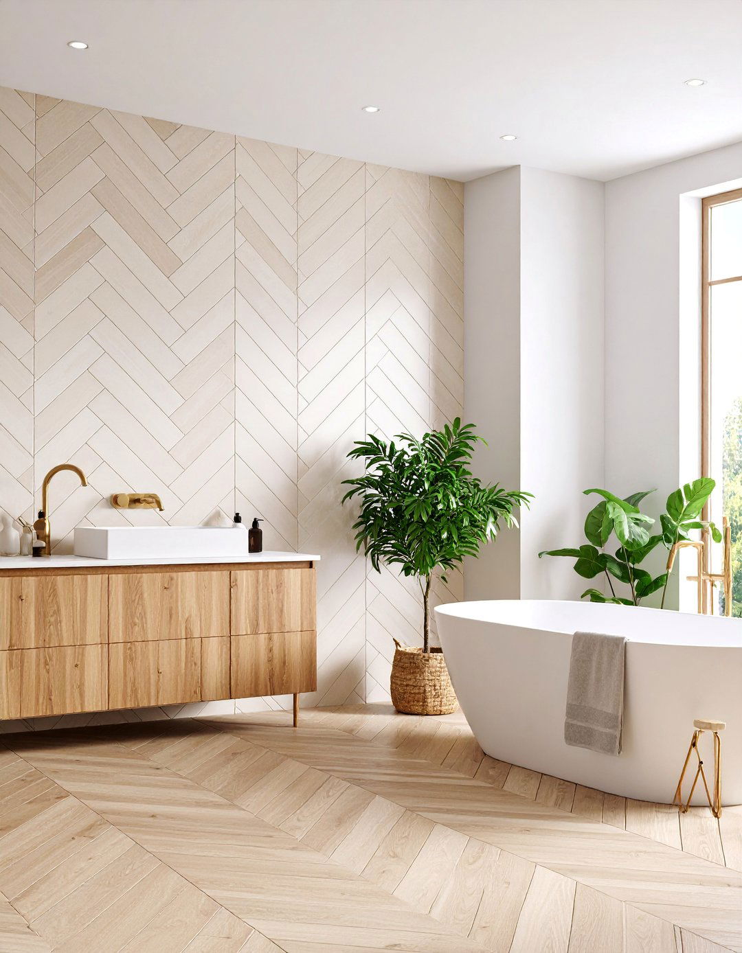Herringbone Pattern Tiles in Neutral Tones - 25 Bathroom Wall Ideas