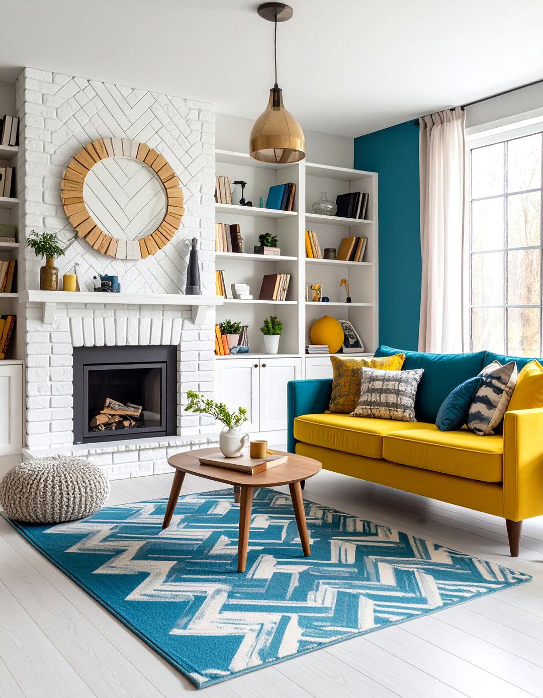 Herringbone Pattern White Brick Fireplace with Built in Shelving - 25 White Brick Fireplace Ideas