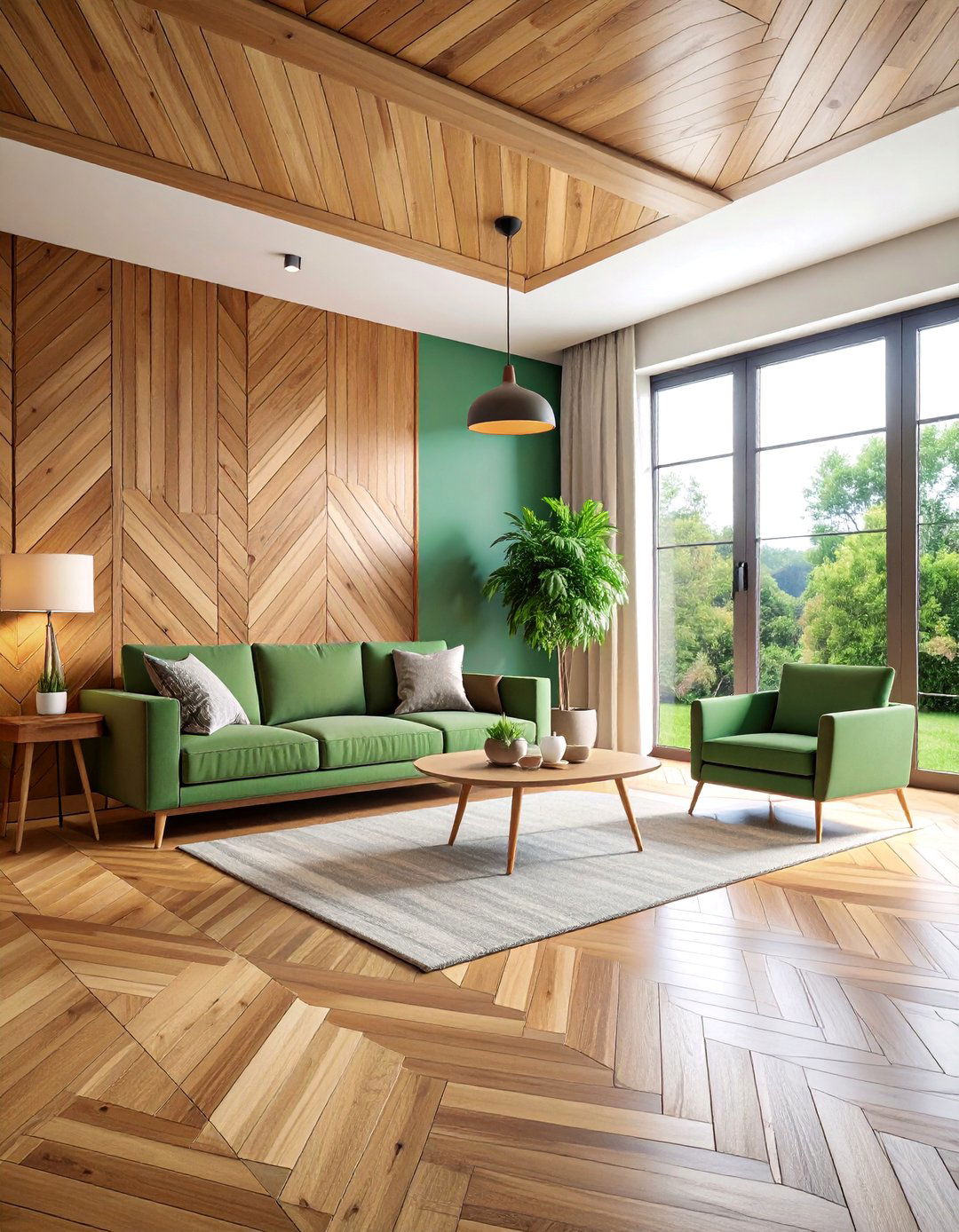 Herringbone Wood Panel Installation with Natural Finish - 25 Living Room Accent Wall Ideas