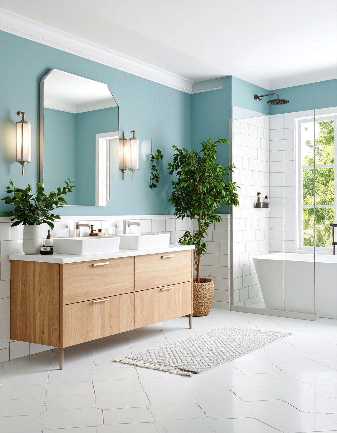 Hexagon Border Trim with Subway Tile Walls - 25 Hexagon Tiles Ideas for Bathrooms