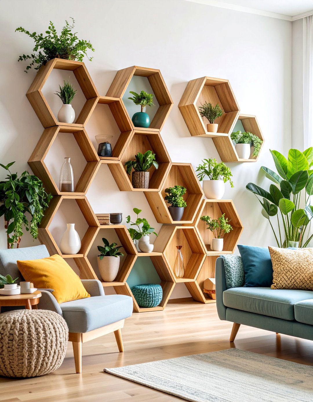 Hexagon Floating Shelves in Honeycomb Arrangements - 25 Floating Shelves Ideas