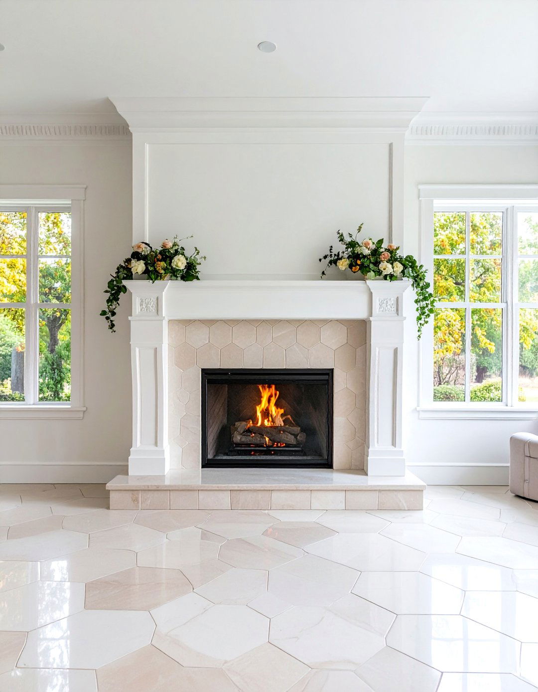 Hexagon Mosaic Tile Farmhouse Hearth - 25 Farmhouse Fireplace Tile Ideas