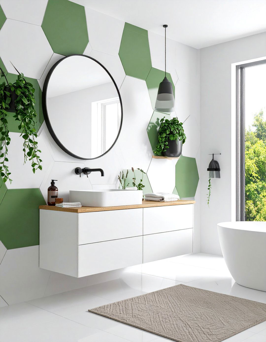 Hexagon Tile Feature Wall - 25 black, white and green bathroom ideas