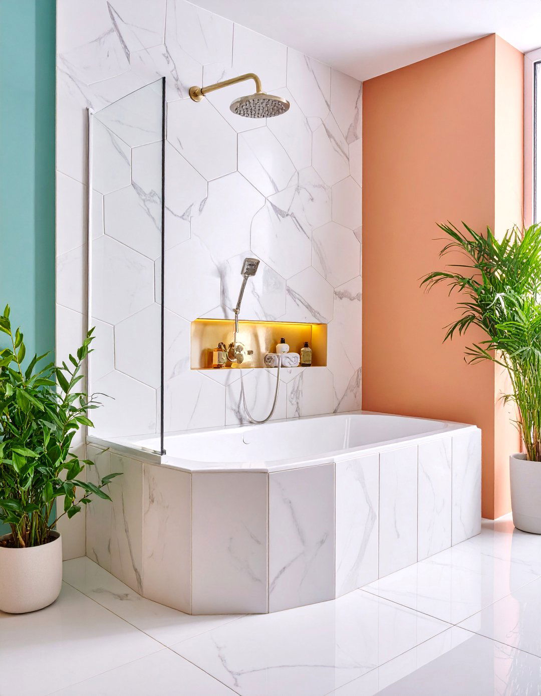 Hexagon Tile Shower Niche with Honeycomb Design - 25 Shower Niche Ideas