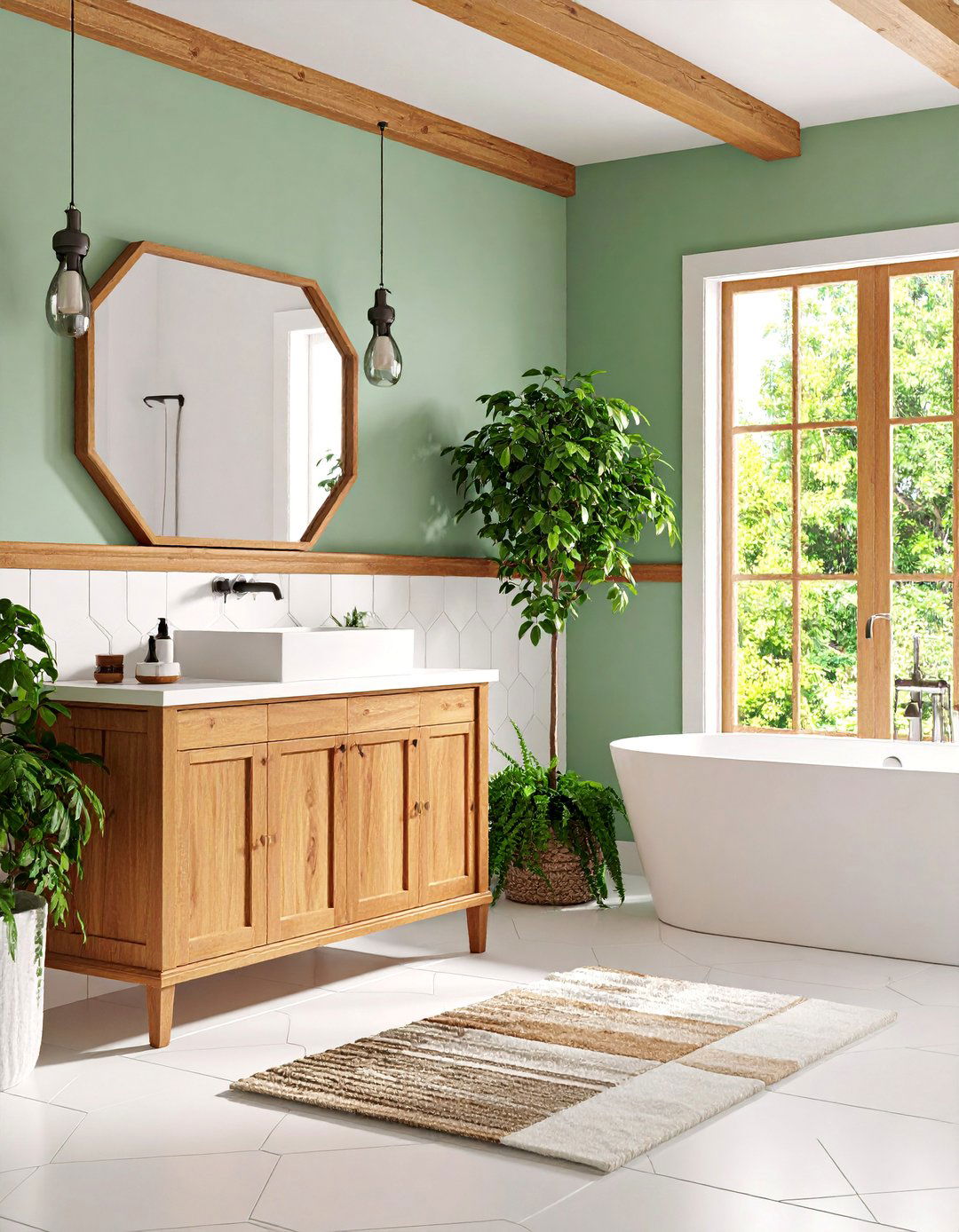 Hexagon Tile Wainscoting with Wood Accents - 25 Hexagon Tiles Ideas for Bathrooms