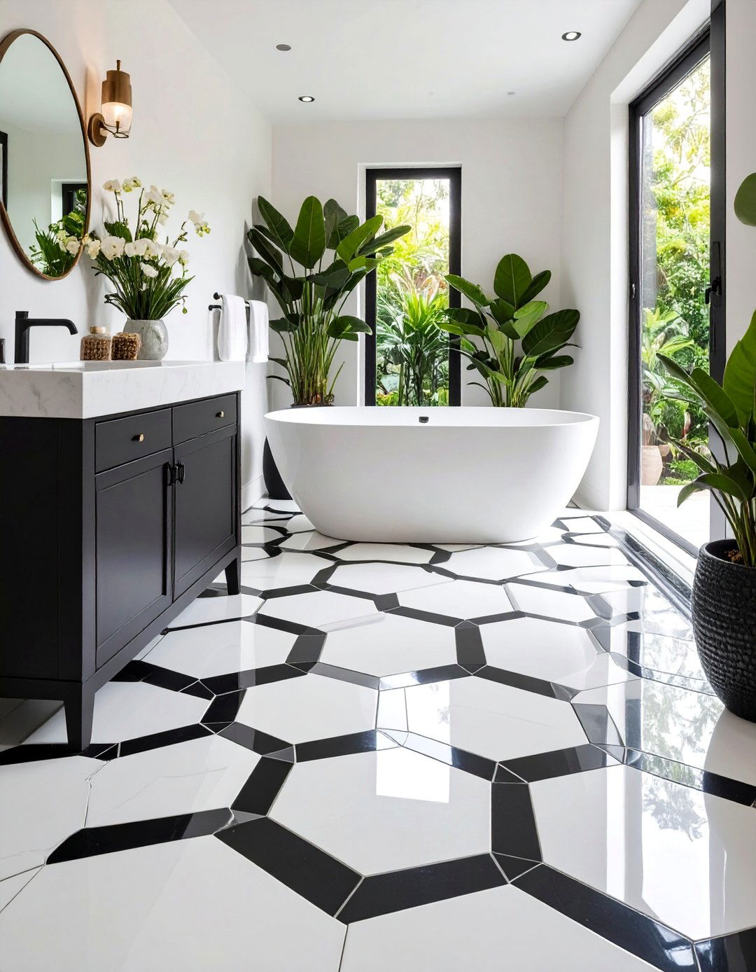 Hexagonal Floor Pattern - 25 Black and White Bathroom Ideas