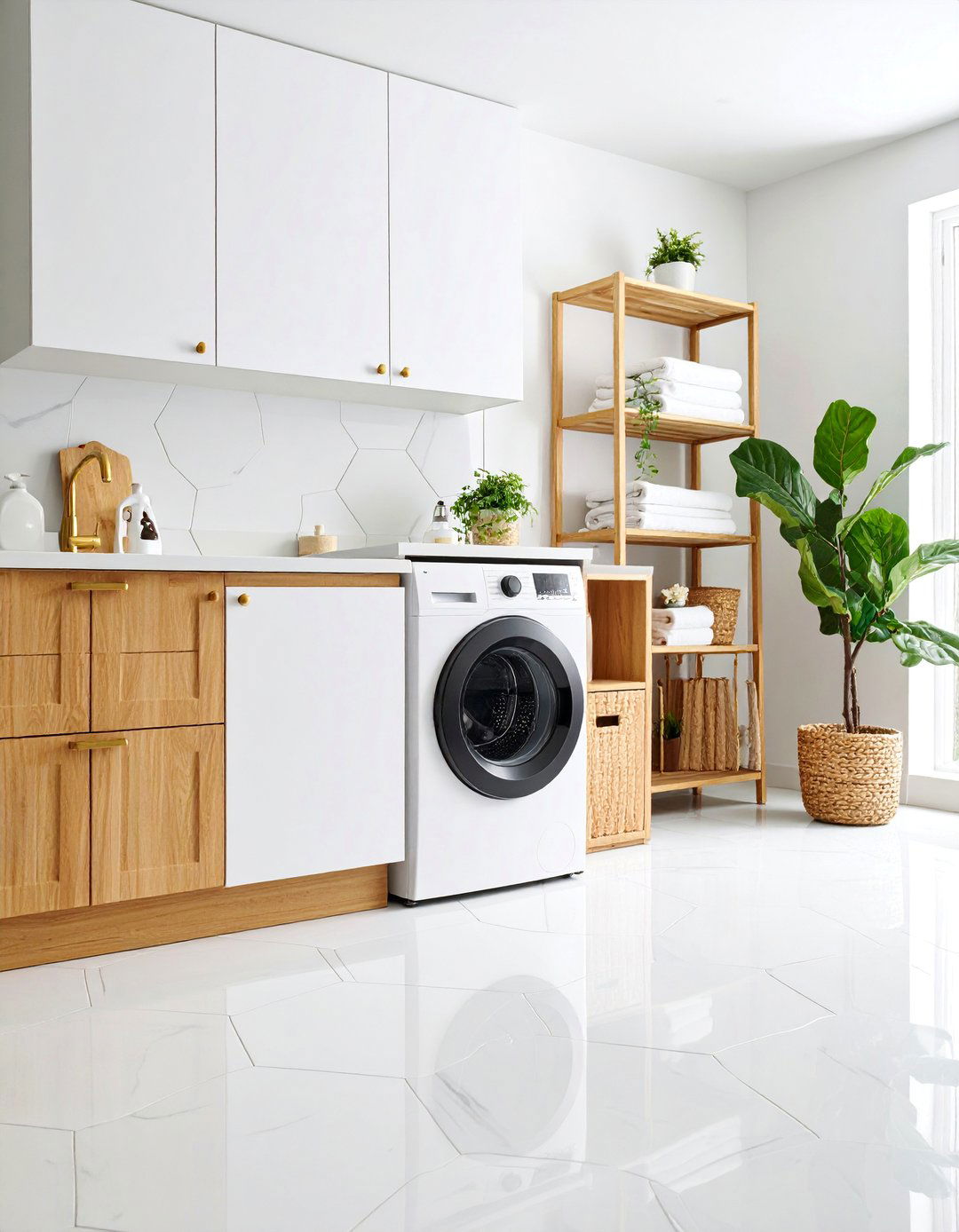 Hexagonal Marble Tile Flooring Design - 25 Laundry Room Tile Ideas