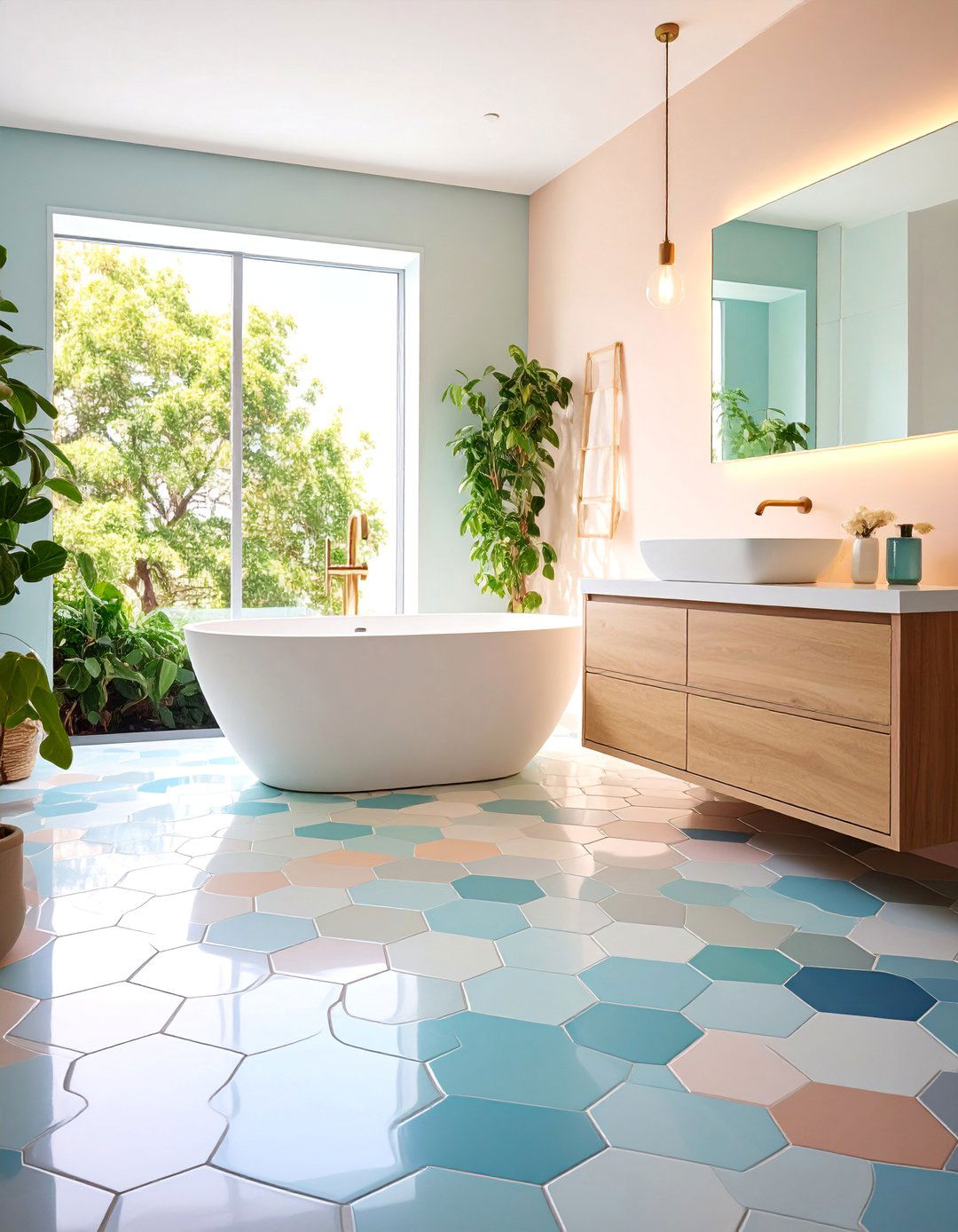 Hexagonal Penny Tile Transition Floor - 25 Penny Tile Bathroom Floor Ideas