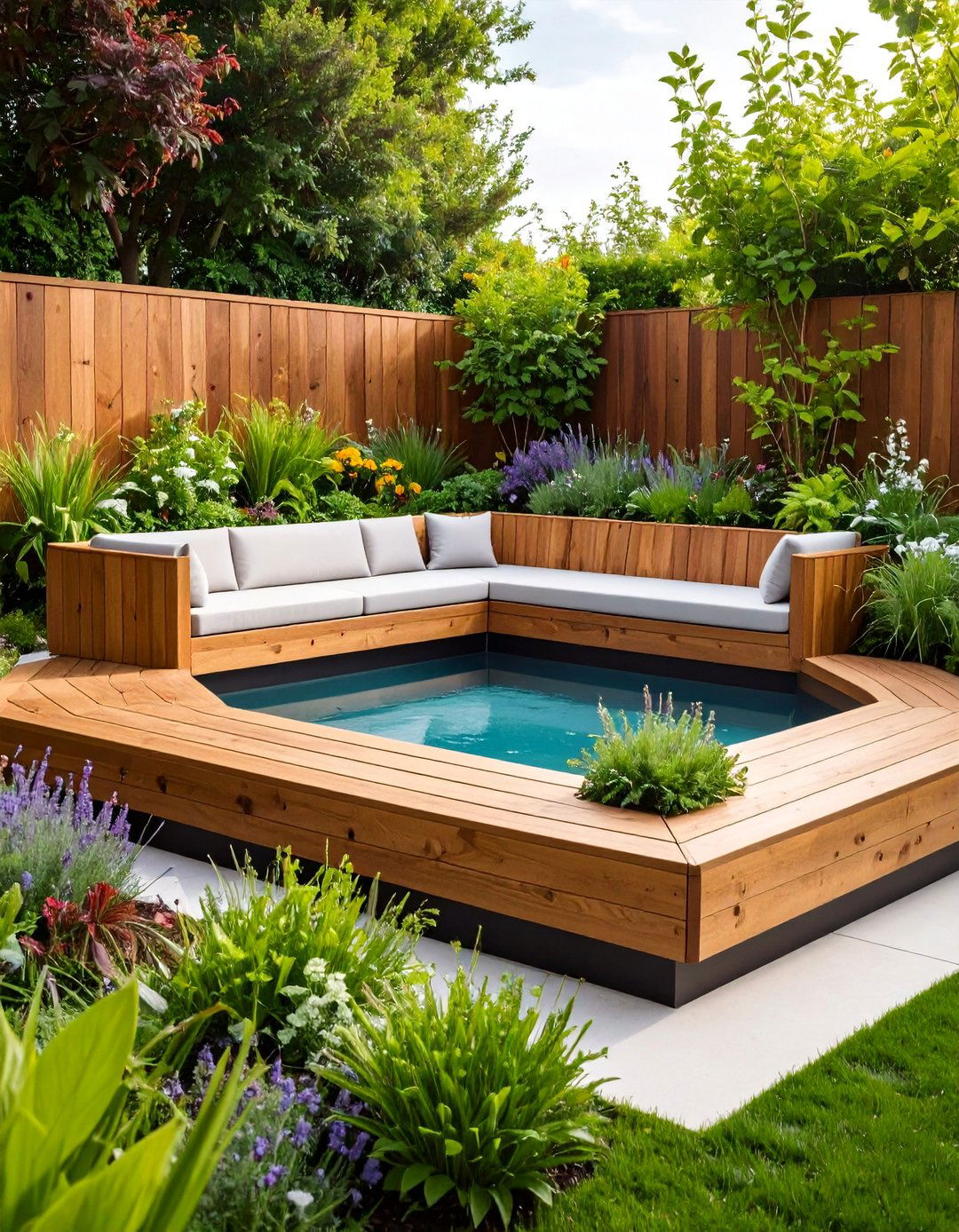 Hexagonal Timber Bench Pond - 25 Raised Garden Pond Ideas