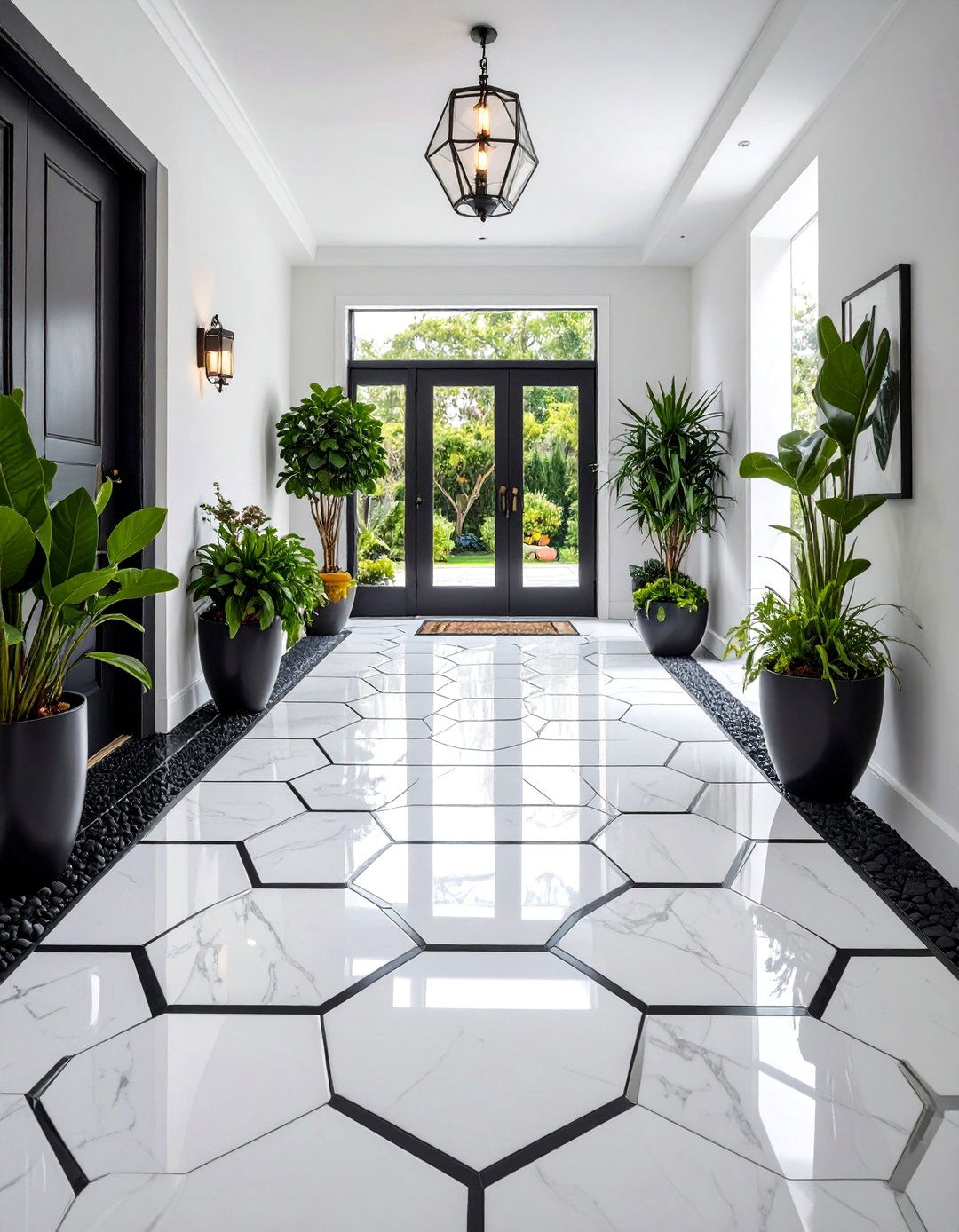 Hexagonal White Marble Mosaic with Dark Grout - 25 Small Entryway Tile Floor Ideas