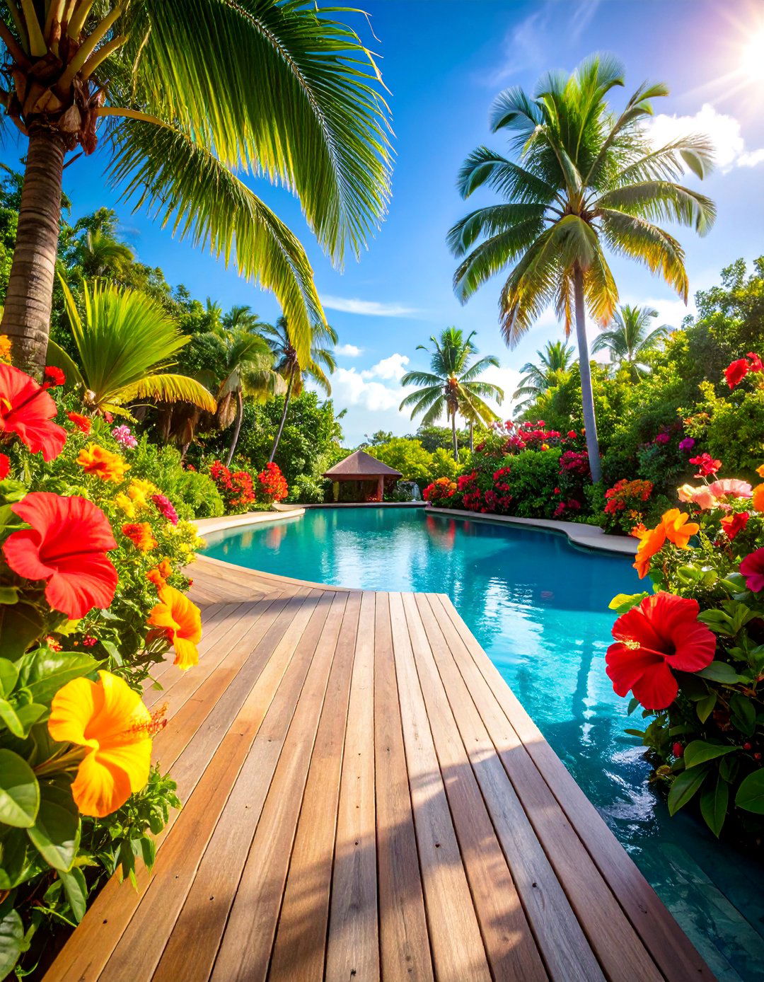 Hibiscus Paradise with Curved Deck Design - 25 Tropical Pool Landscaping Ideas