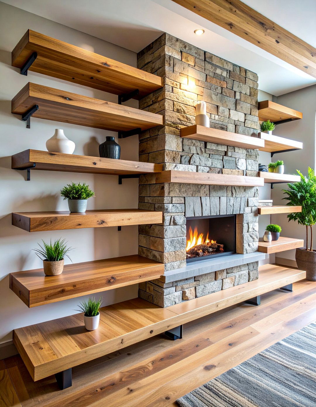 Hidden Bracket Thick Fireplace Shelves - 25 Fireplace Floating Shelves Design Ideas