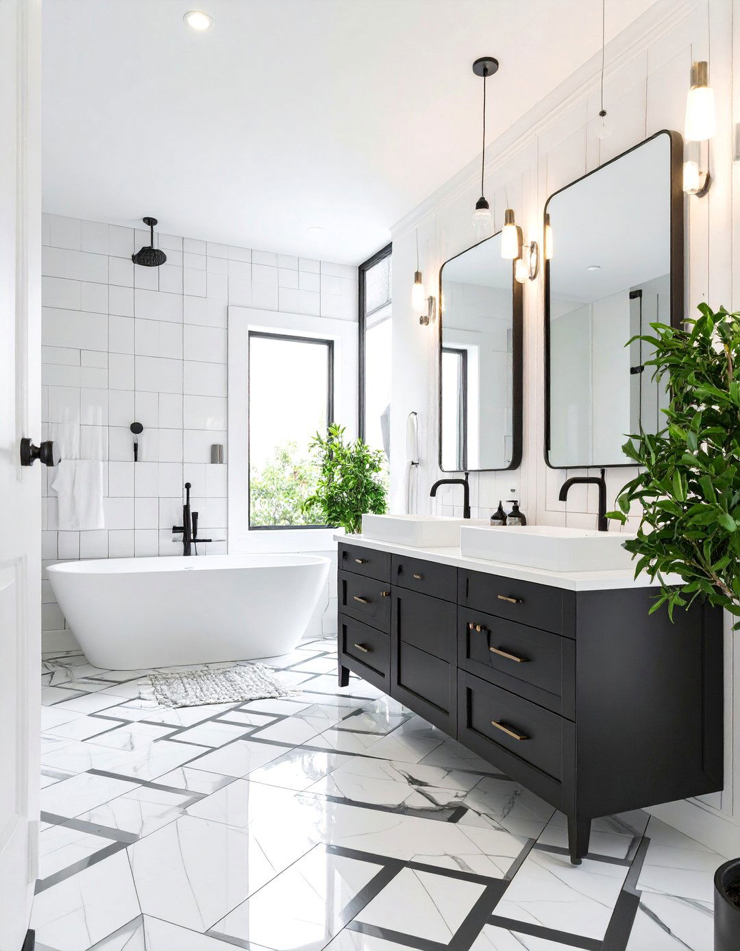 High Contrast Black and White - 25 Hallway Bathroom Ideas
