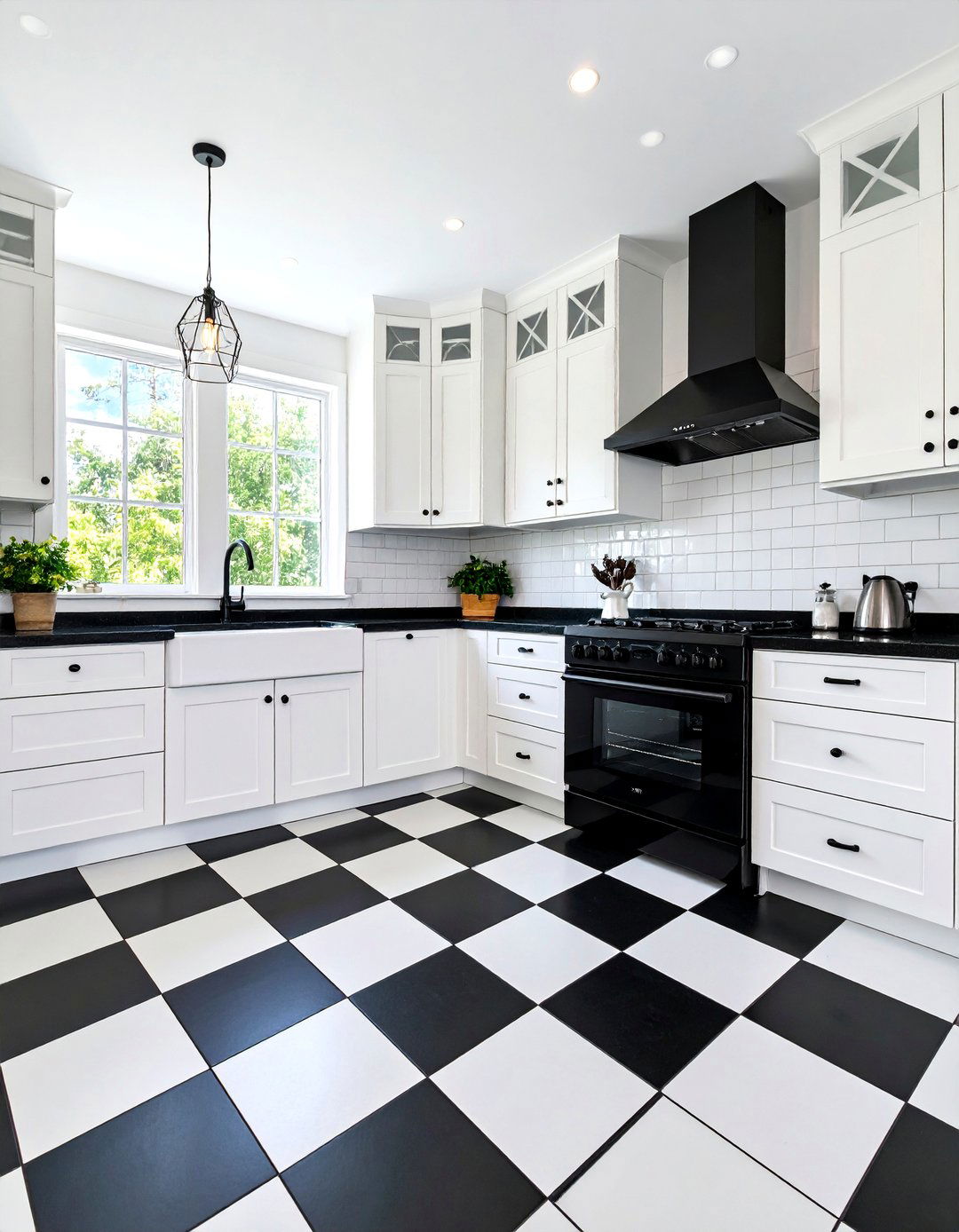 High Contrast Checkerboard Floor with Modern Elements - 25 Small Kitchen with Black Appliances Ideas