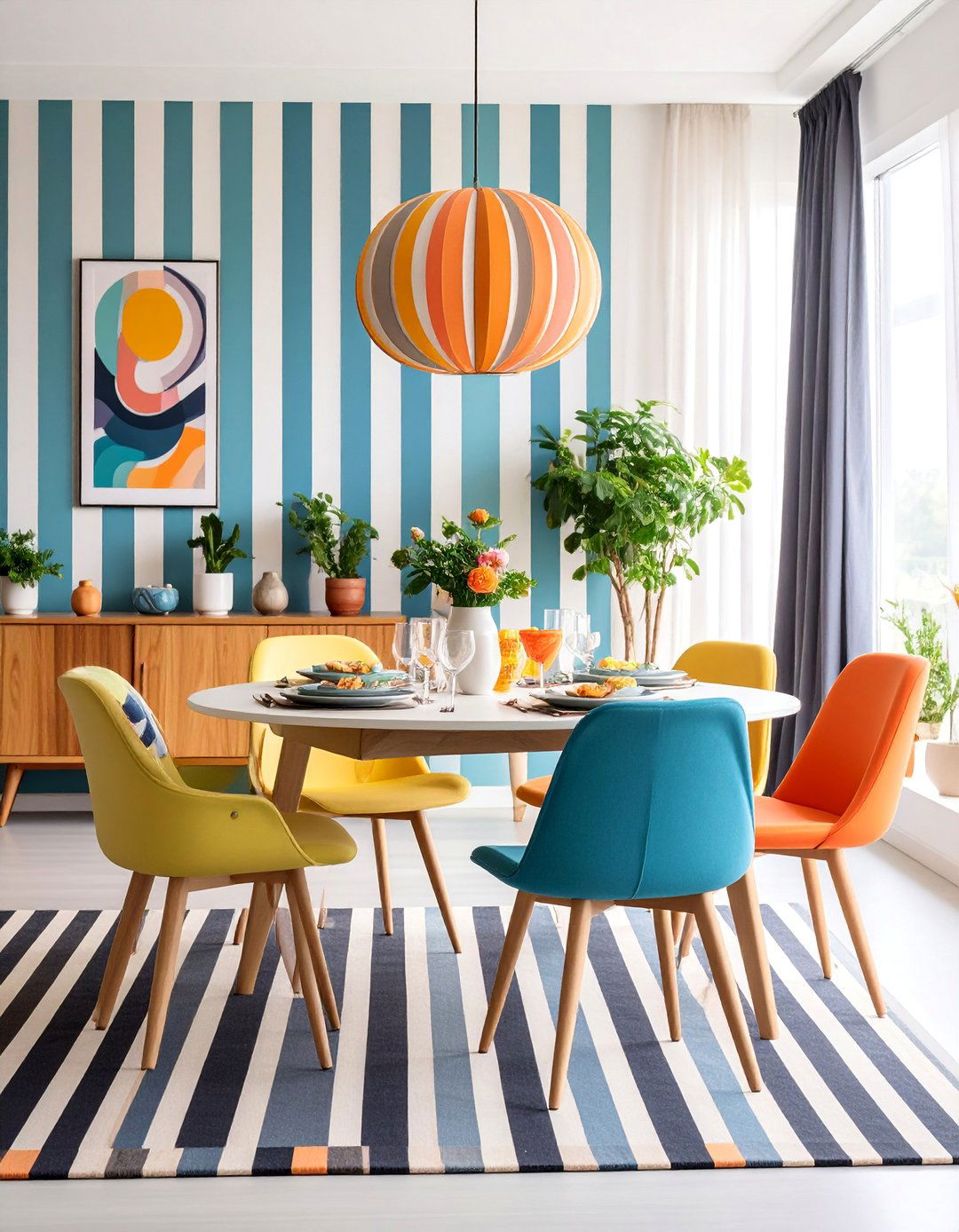 High Contrast Dining Room with Bold Patterns - 25 Mid-century Modern Dining Rooms