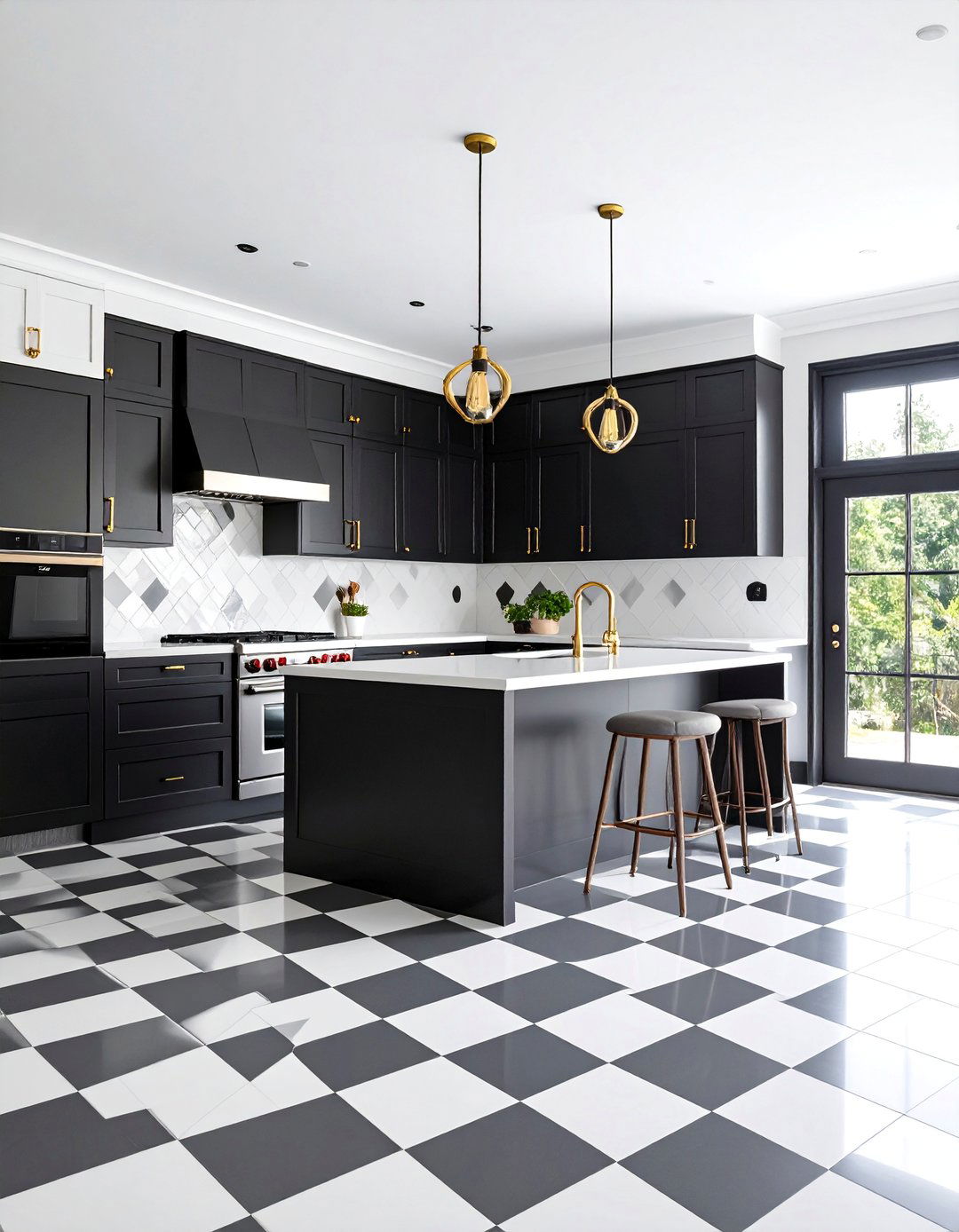 High Contrast Kitchen with Checkerboard Grey and White Floors - 25 Kitchens With Grey Floors