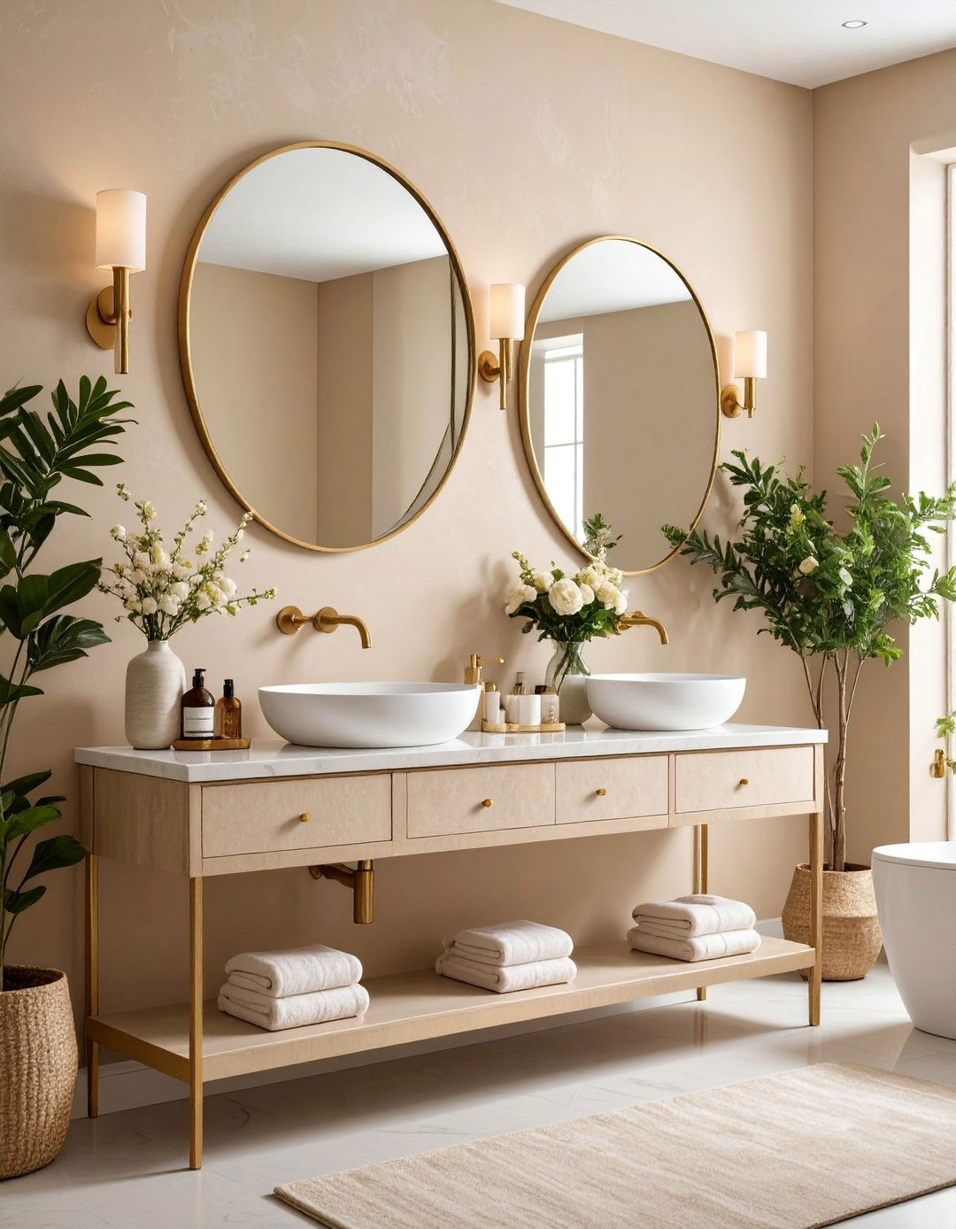 High End Powder Room with Beige Wallcovering and White Statement Fixtures - 25 Beige and White Bathroom Ideas