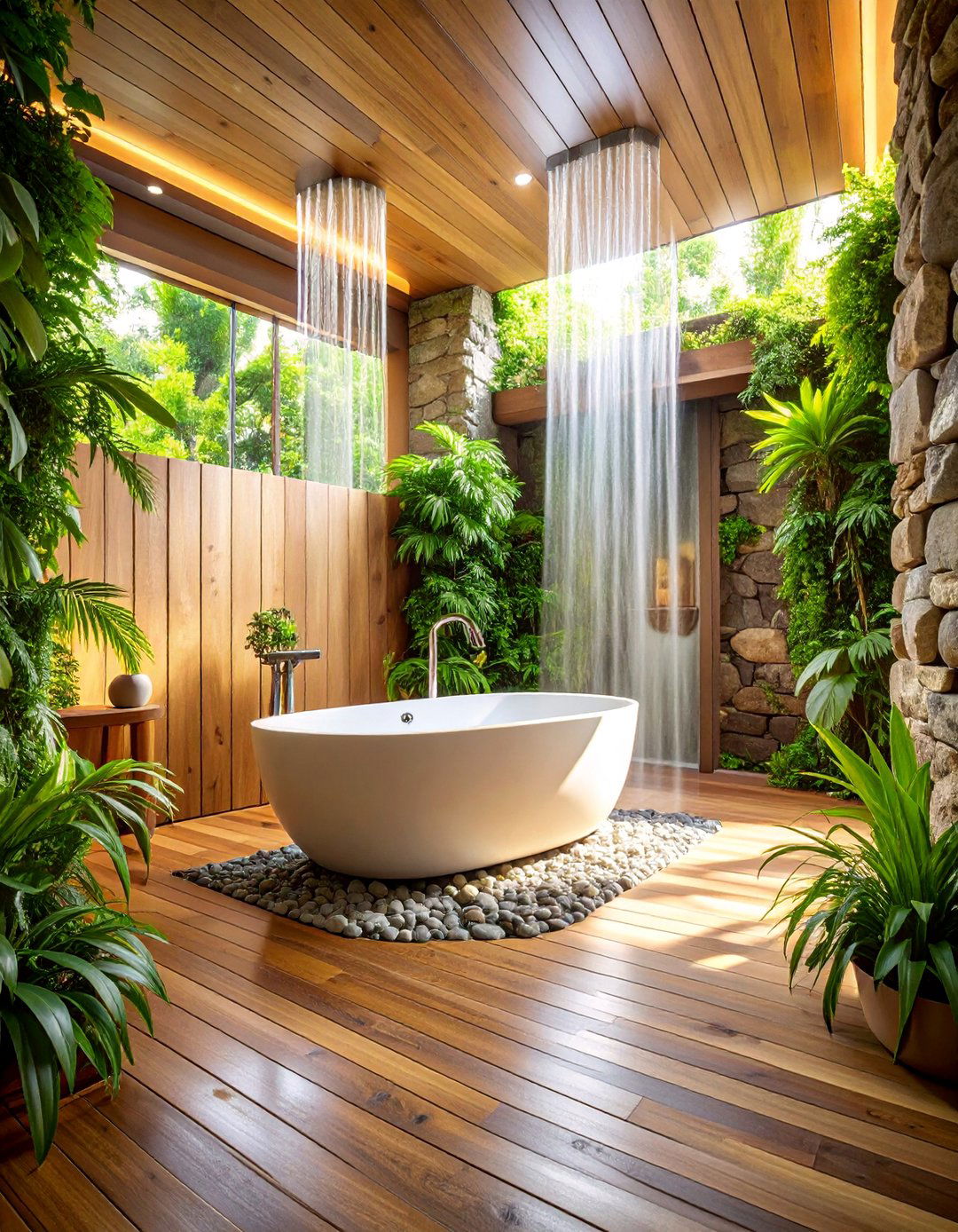 High End Spa Bathroom with Teak Decking - 25 Ideas for Wood Floors in Bathrooms