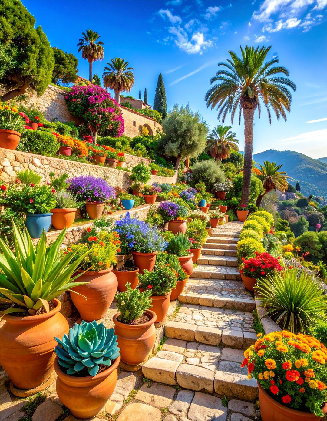 Hillside Village Garden with Stepped Terraces - 25 Greek Garden Ideas