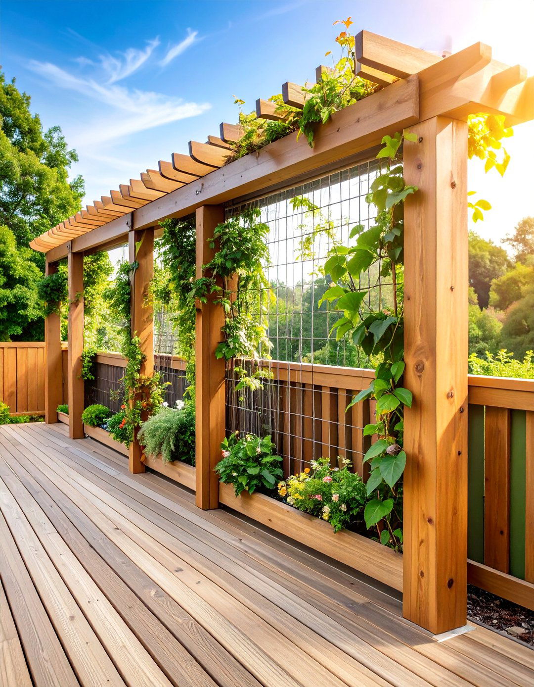 Hog Wire Panel Garden Trellis Integration - 25 Hog Wire Deck Railing Ideas