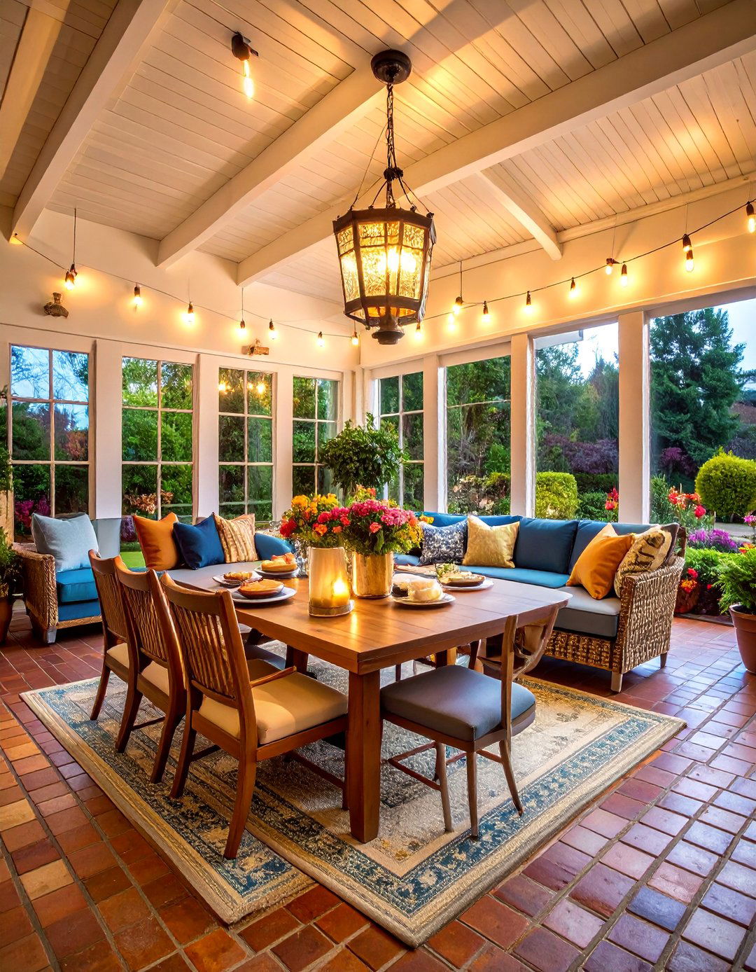 Holiday Entertaining Sunroom with Festive Brick - 25 Brick Floor Sunroom Ideas