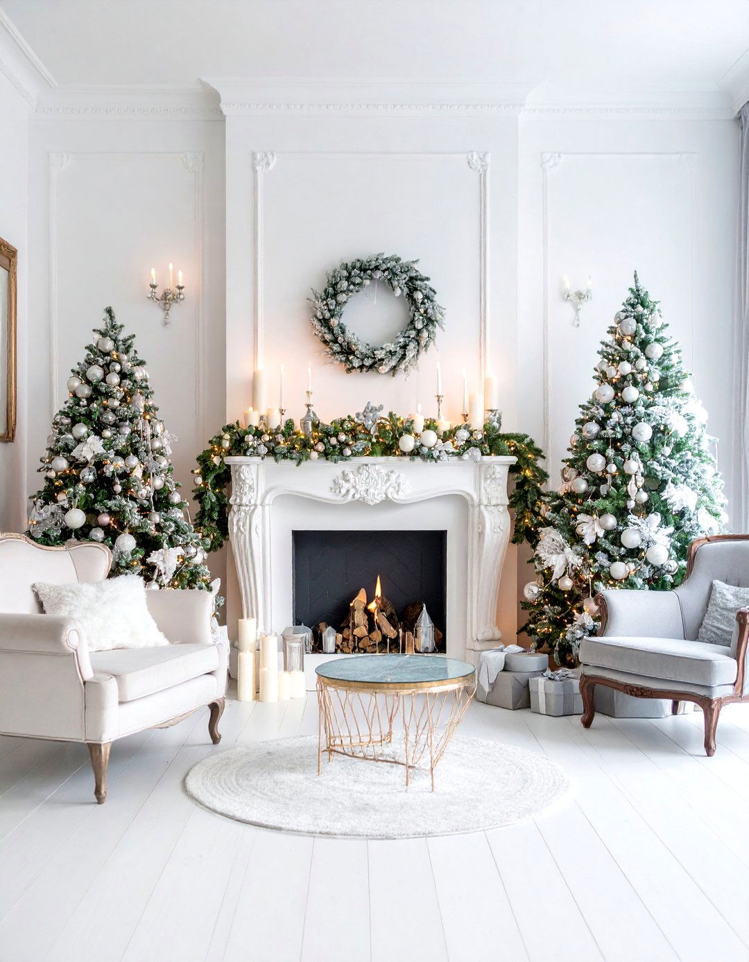 Holiday Winter Wonderland Fireplace with Silver and White Theme - 25 Fireplace Decor Ideas