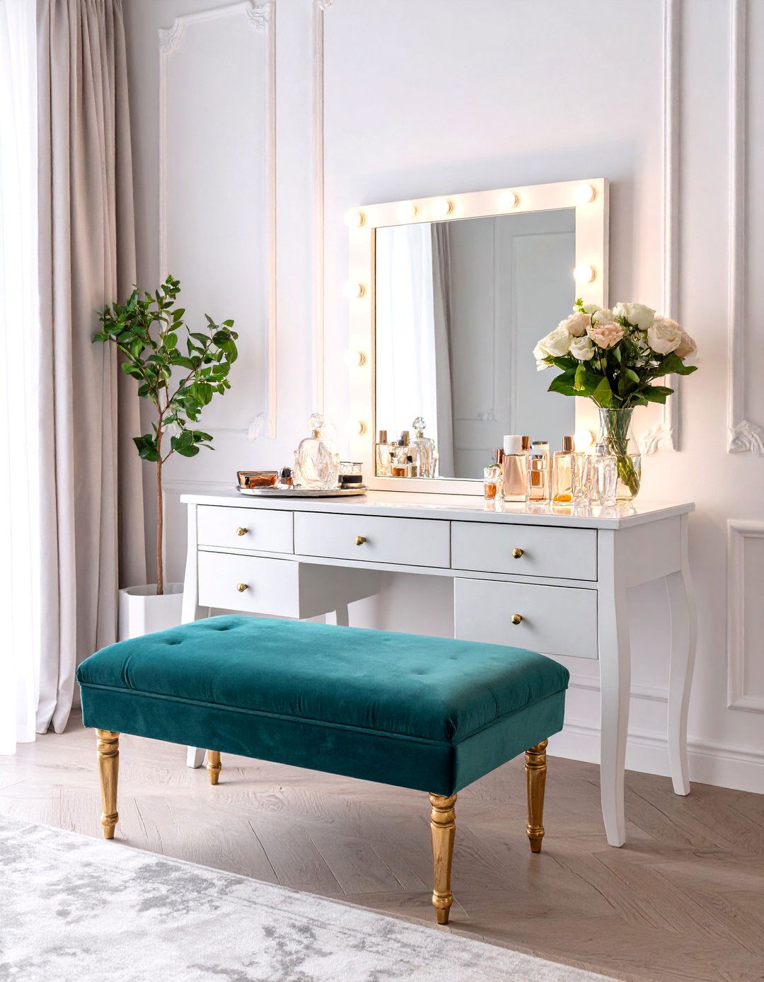 Hollywood Glamour Vanity with LED Bulb Mirror - 25 Makeup Vanity Ideas