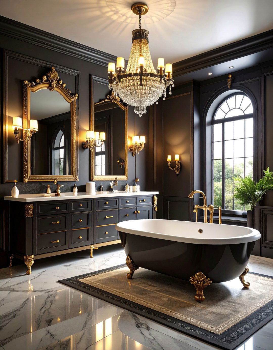 Hollywood Regency Bathroom with Black and Crystal Details - 25 Bathroom With Black Fixtures