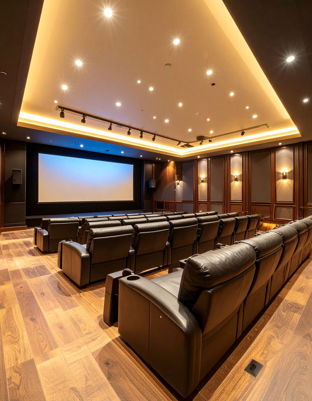 Home Theater with Stadium Seating and Acoustic Treatments - 25 Dark Walnut Floors for Rooms