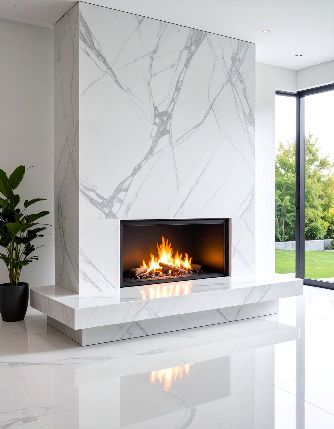 Honed Marble Fireplace with Minimalist Floating Hearth - 25 Floor-to-Ceiling Stone Fireplace Ideas