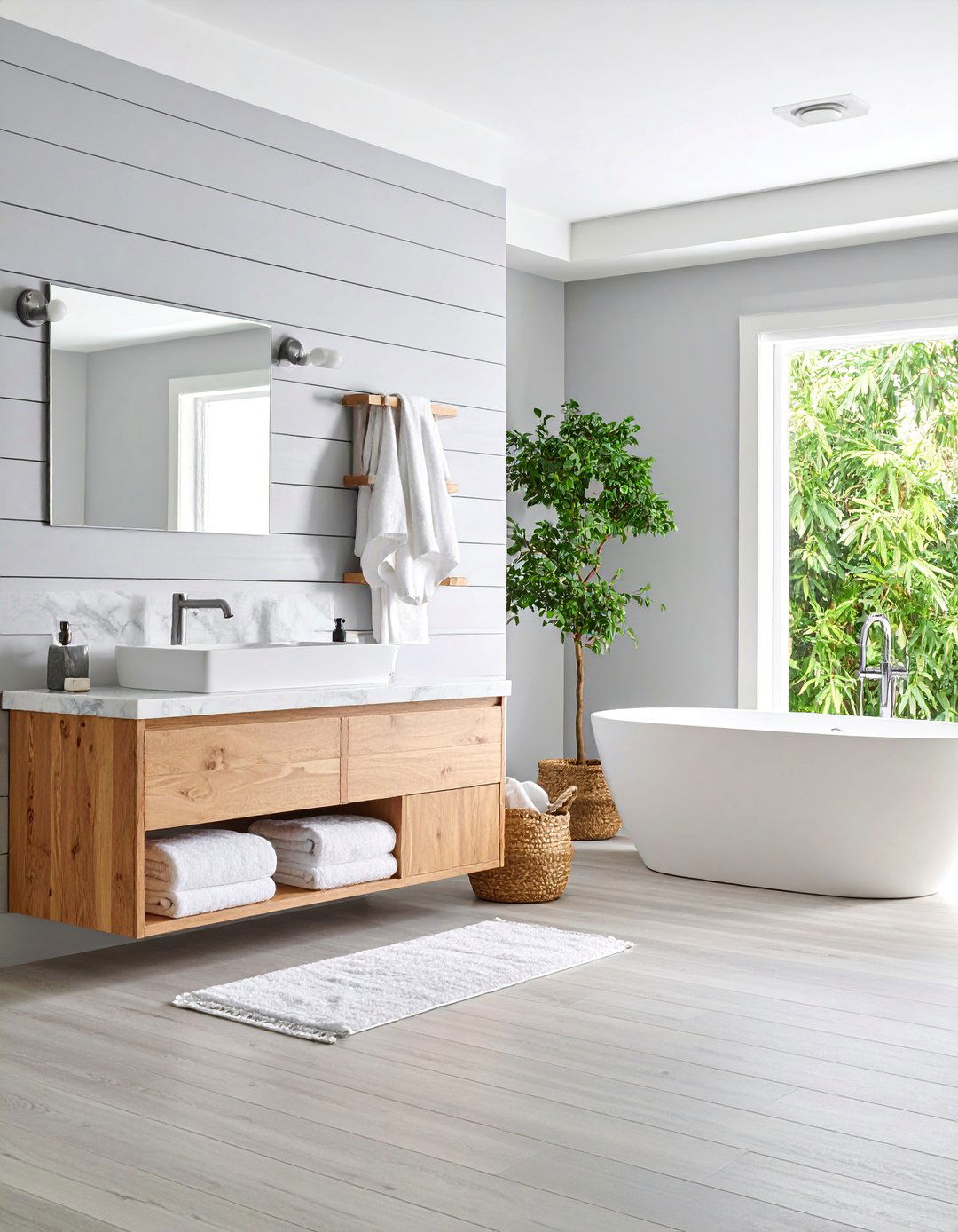 Horizontal Light Gray Shiplap with Marble Counters - 25 shiplap bathroom ideas
