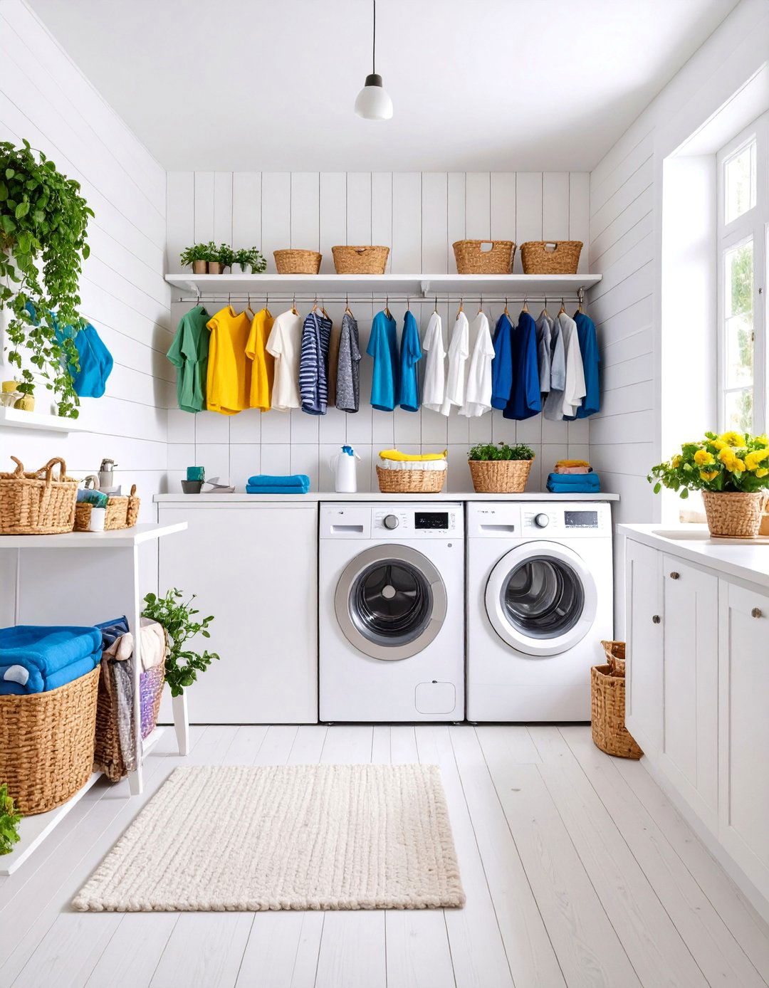 Horizontal White Shiplap with Colorful Accent Decor - 25 Shiplap Laundry Room Ideas