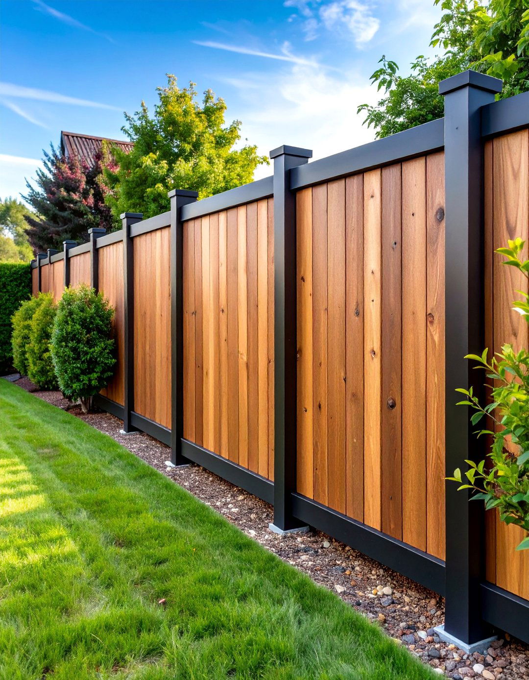 Horizontal Wood Slat Fence with Black Metal Frame - 25 Metal and Wood Fence