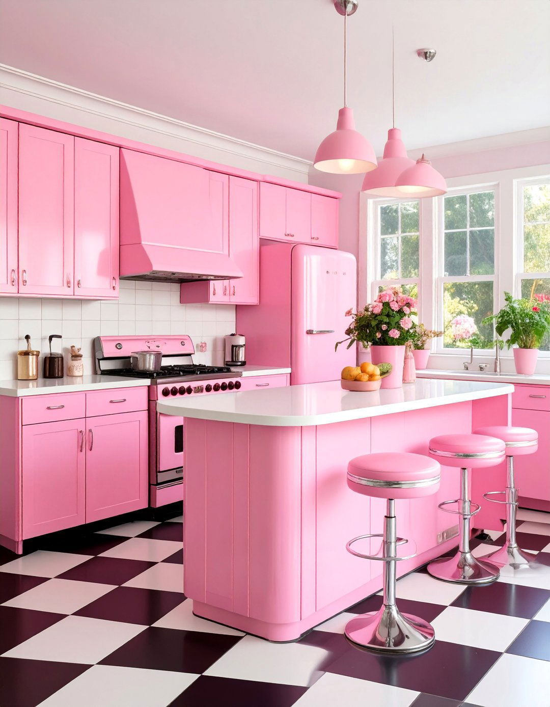 Hot Pink Retro Kitchen with Vintage Appliances - 25 Pink Kitchen Ideas