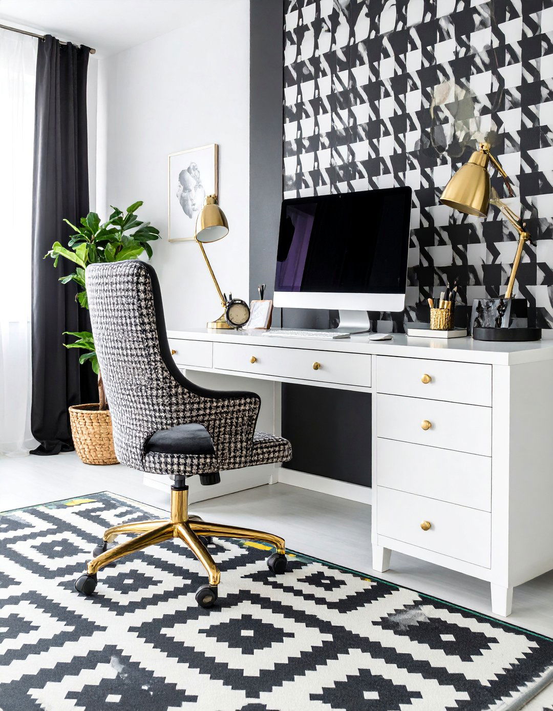 Houndstooth Home Office with Brass Accents - 25 Preppy Room Ideas