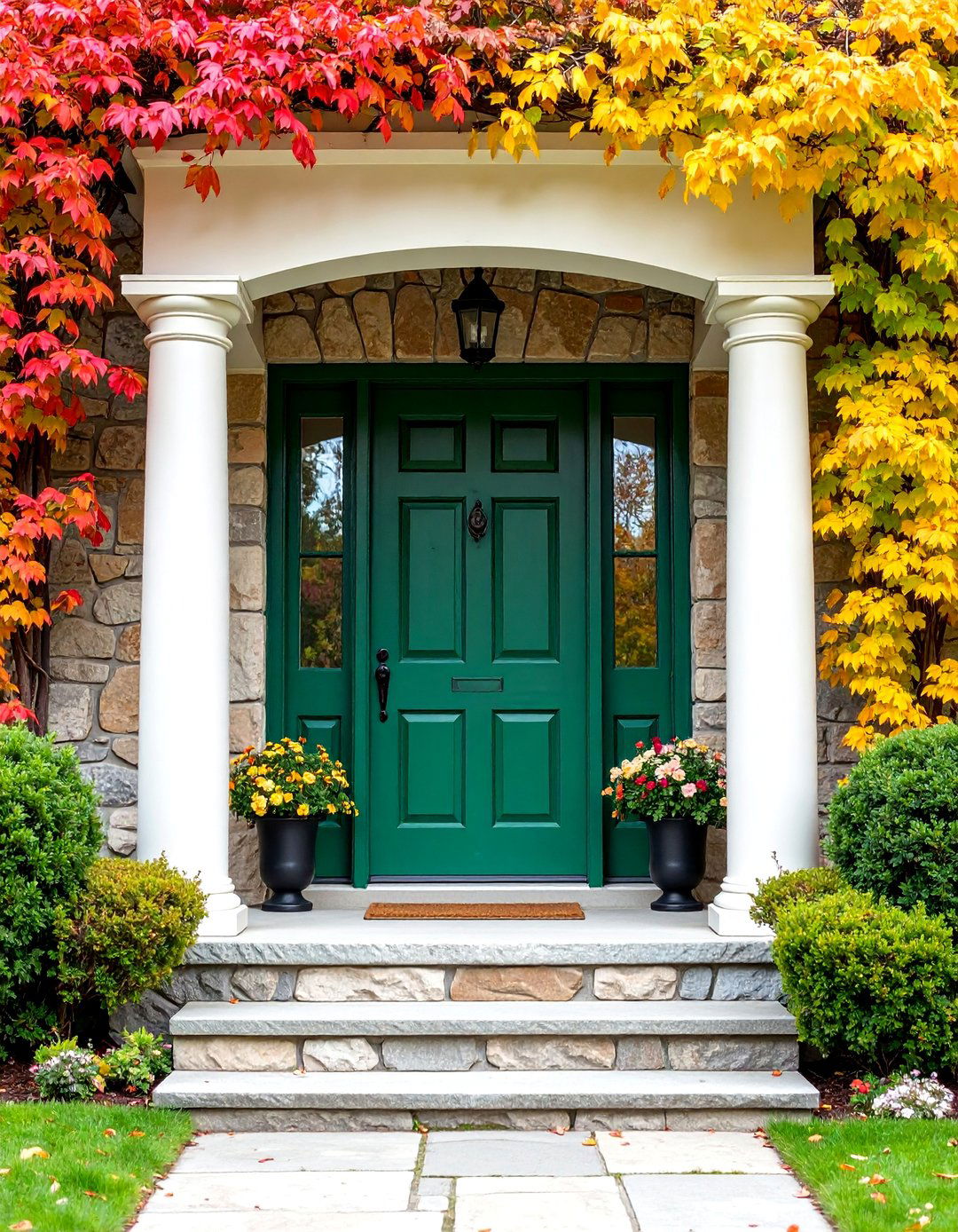 Hunter Forest Green with Natural Stone Columns - 25 Dark Green Front Door Ideas