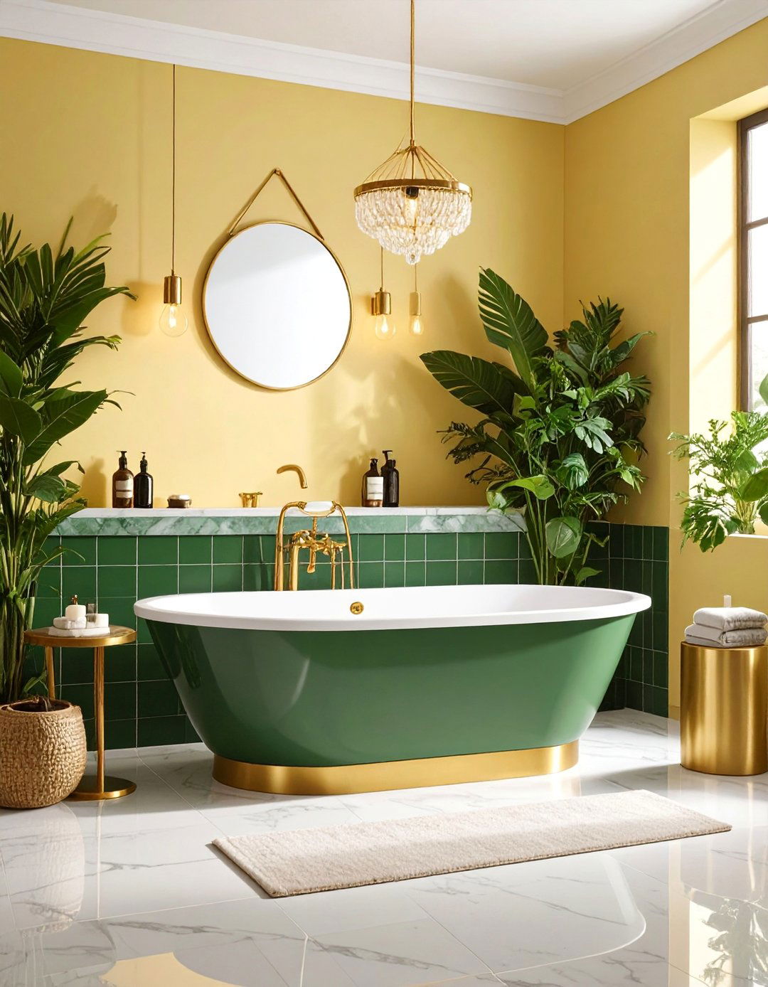 Hunter Green Bath Surround with Pale Yellow Walls - 25 Yellow and Green Bathroom Ideas