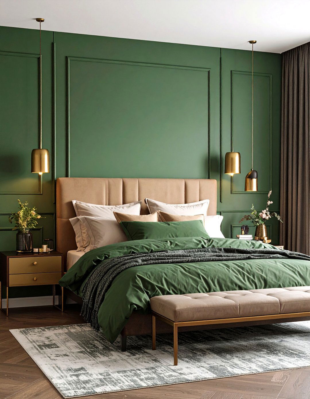 Hunter Green Bedroom with Brass Accents - 25 Dark Green Bedroom Ideas