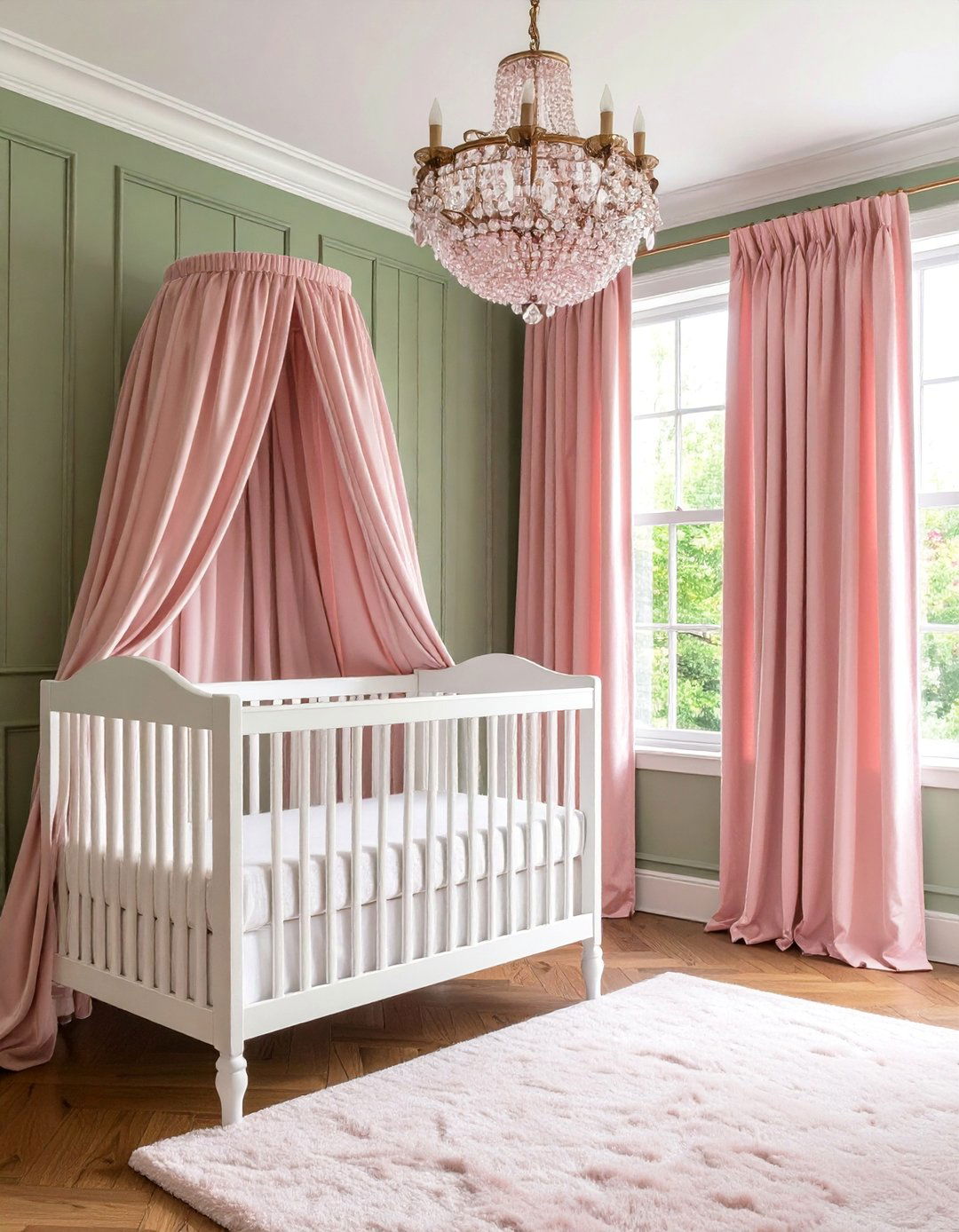Hunter Green Board and Batten with Rose Pink Details - 25 Pink and Green Nursery Ideas